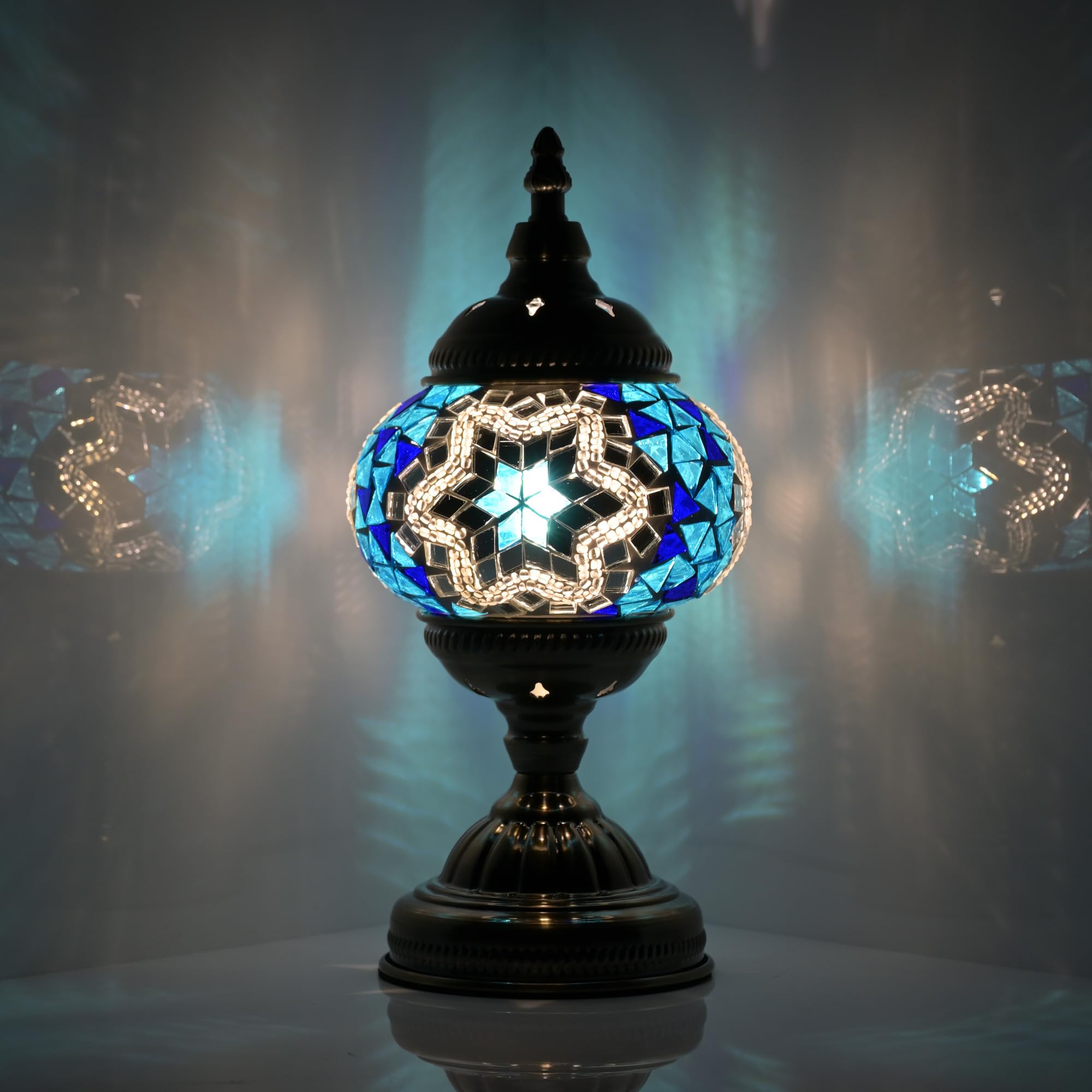 GOGERS Moroccan Table Lamp with Handmade Mosaic Glass Shade, Tiffany Style, Blue White, Model GS-HH-Y8