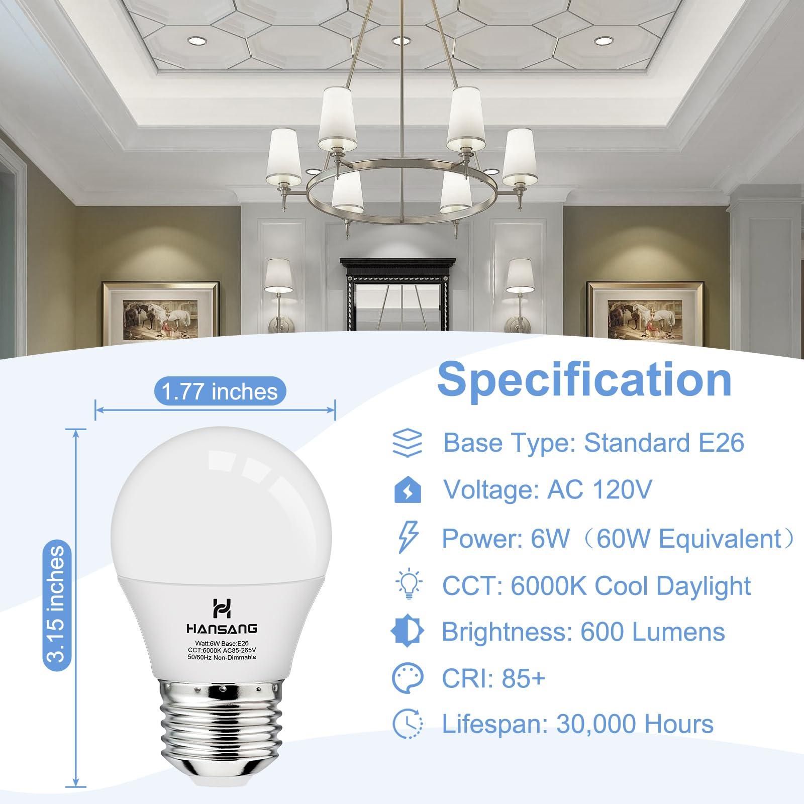 Hansang 8 Pack A15 Led E26 Small Light Bulb, Daylight 6000K, 60Watt Equivalent Ceiling Fan Light Bulbs, E26 Standard Base Applia