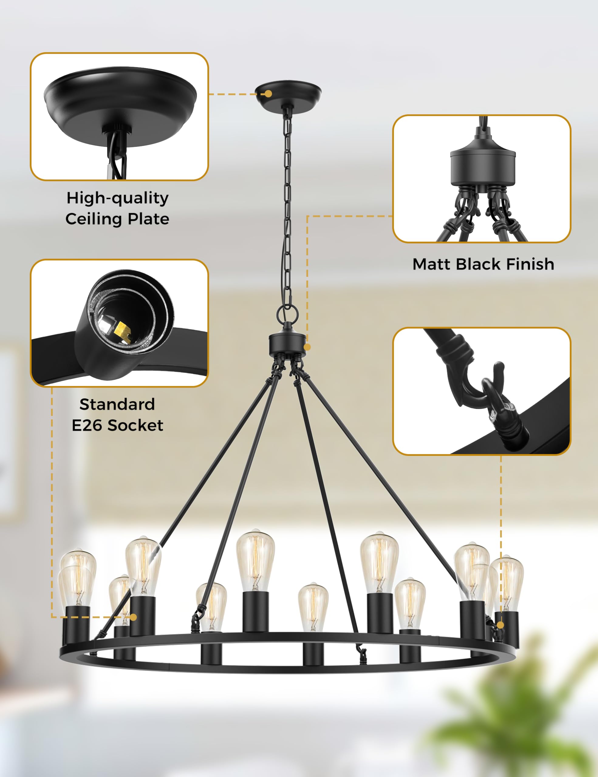 L Lohas Led Black Farmhouse Chandeliers For Dining Room, 12-Light Wagon Wheel Chandelier Over Table, Height Adjustable, 32'' Din