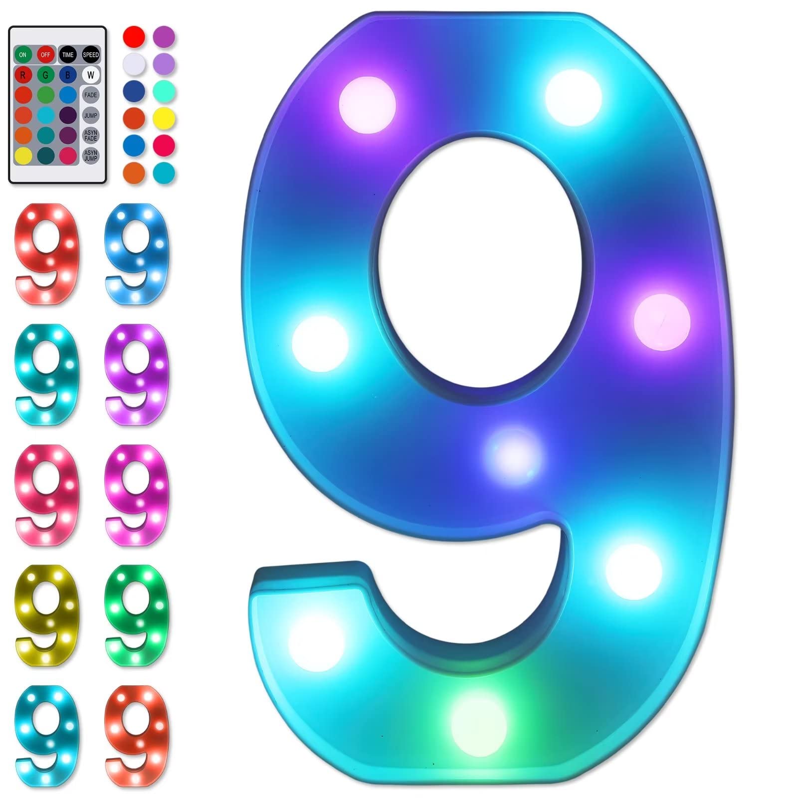 Foaky Colorful LED Number Lights with Remote, Marquee Light Up Number Sign for Night Light Wedding/Birthday Party Battery Powered Christmas Lamp Home Bar Decoration (9)