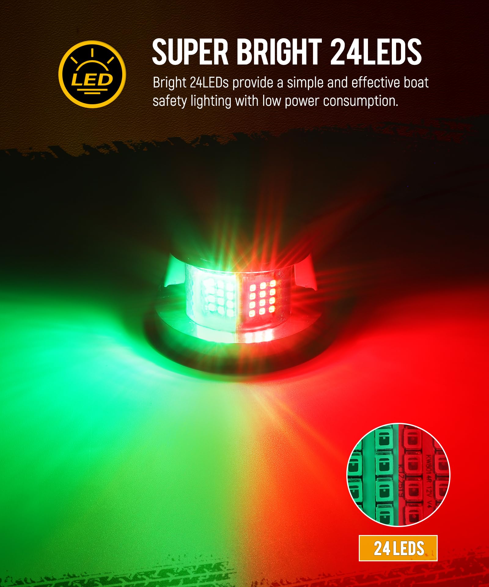 Partsam Marine Boat Bow Lights, 24 LED Red and Green Navigation Light, for Pontoon Yacht Skiff, Green