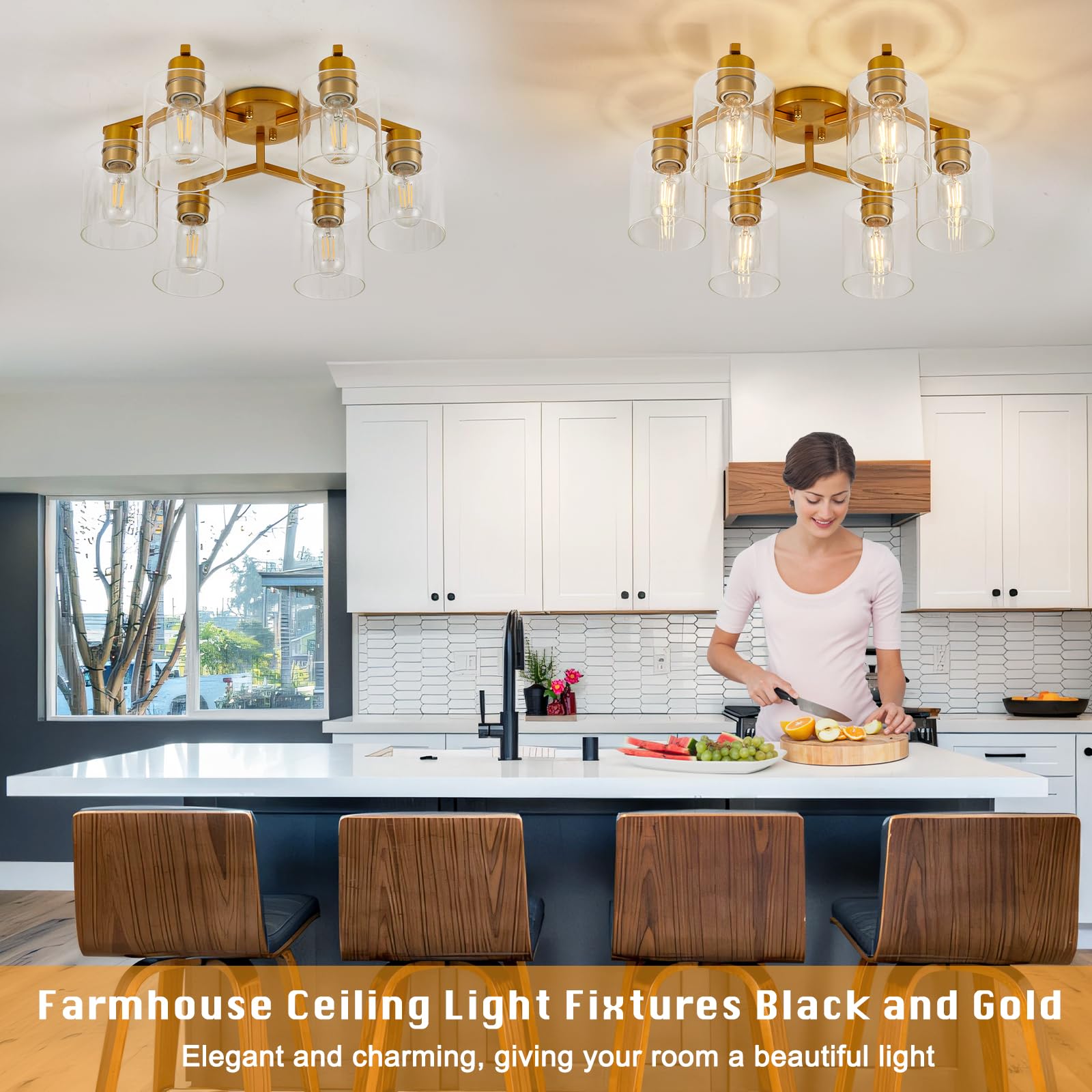 Gold Ceiling Light Fixture, Mid-Century Modern Kitchen Ceiling Light Fixtures, Gold Semi Flush Mount Ceiling Light, 6-Light Ligh