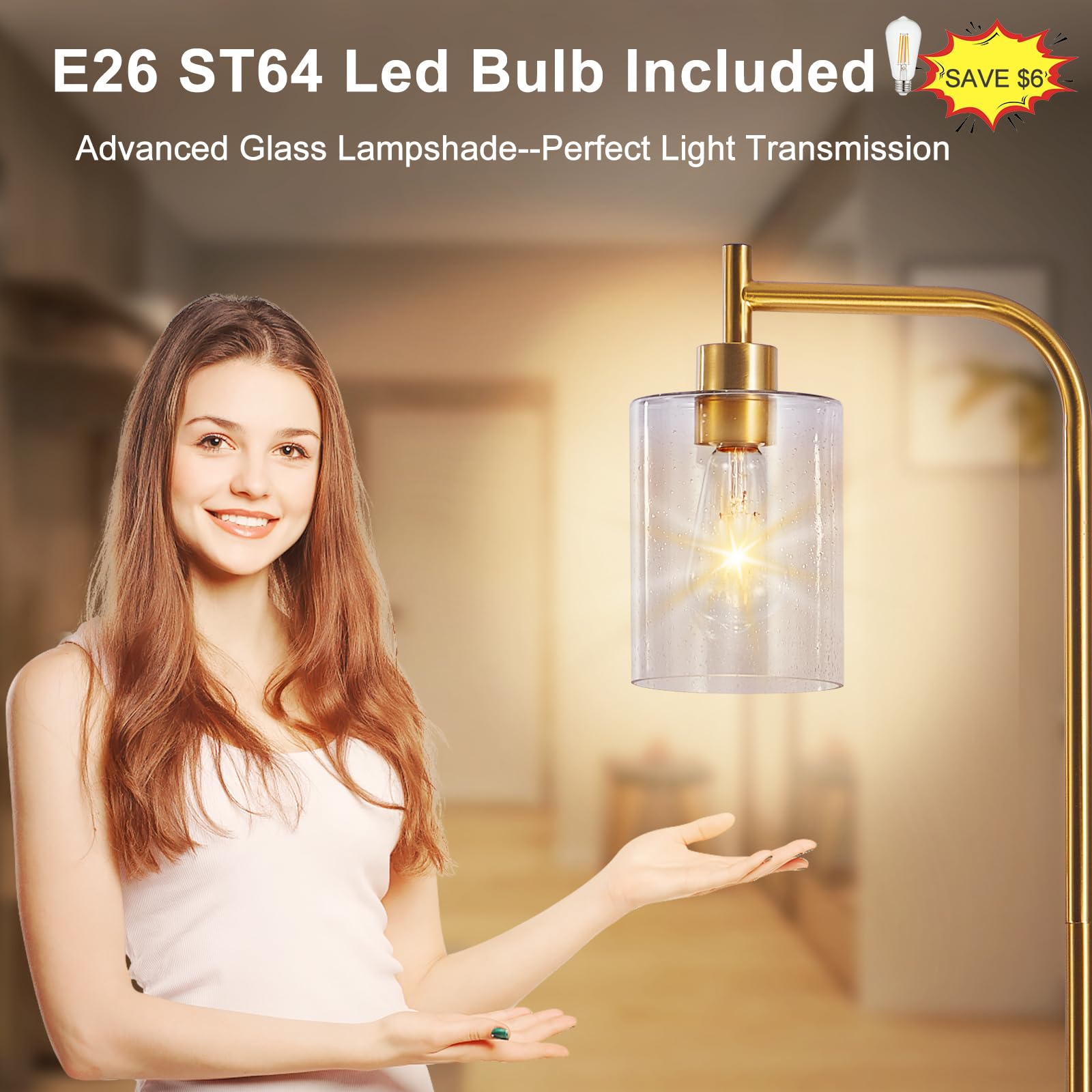 DINGLILIGHTING Floor Lamp - Gold Metal with Seeded Glass Shade, Modern Design, Includes 8W LED Bulb, Model WSFLL005-G-3