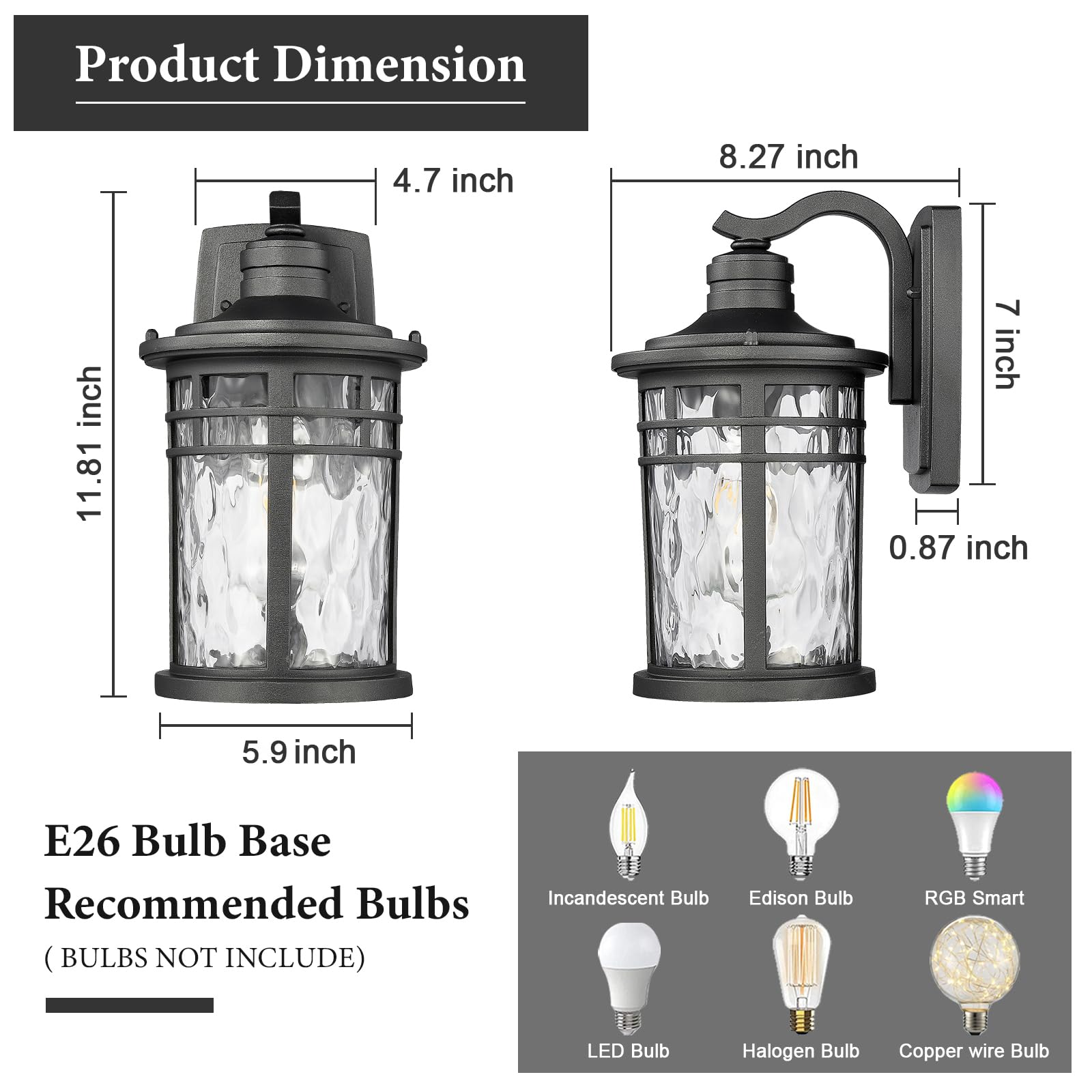 Darkaway Outdoor Porch Lights - Waterproof Wall Sconces, Medium Size, Black with Water Ripple Glass, Model 6X20B BK+WG
