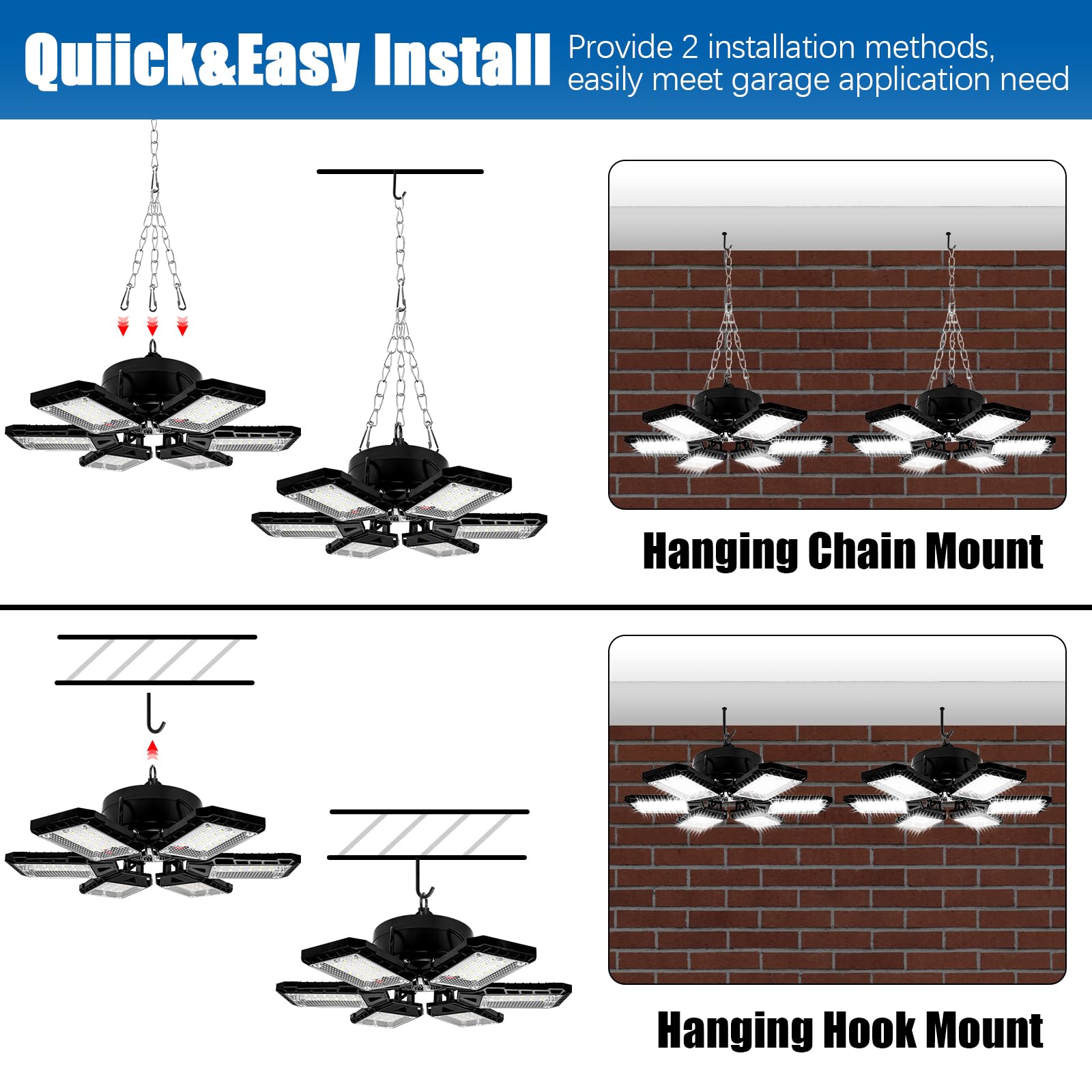 Aoretic Led Garage Lights 2 Pack -180W, 18000Lm 6500K Led Shop Light With 6+1 Deformable Panels, Basement Barn Light Garage Ceil