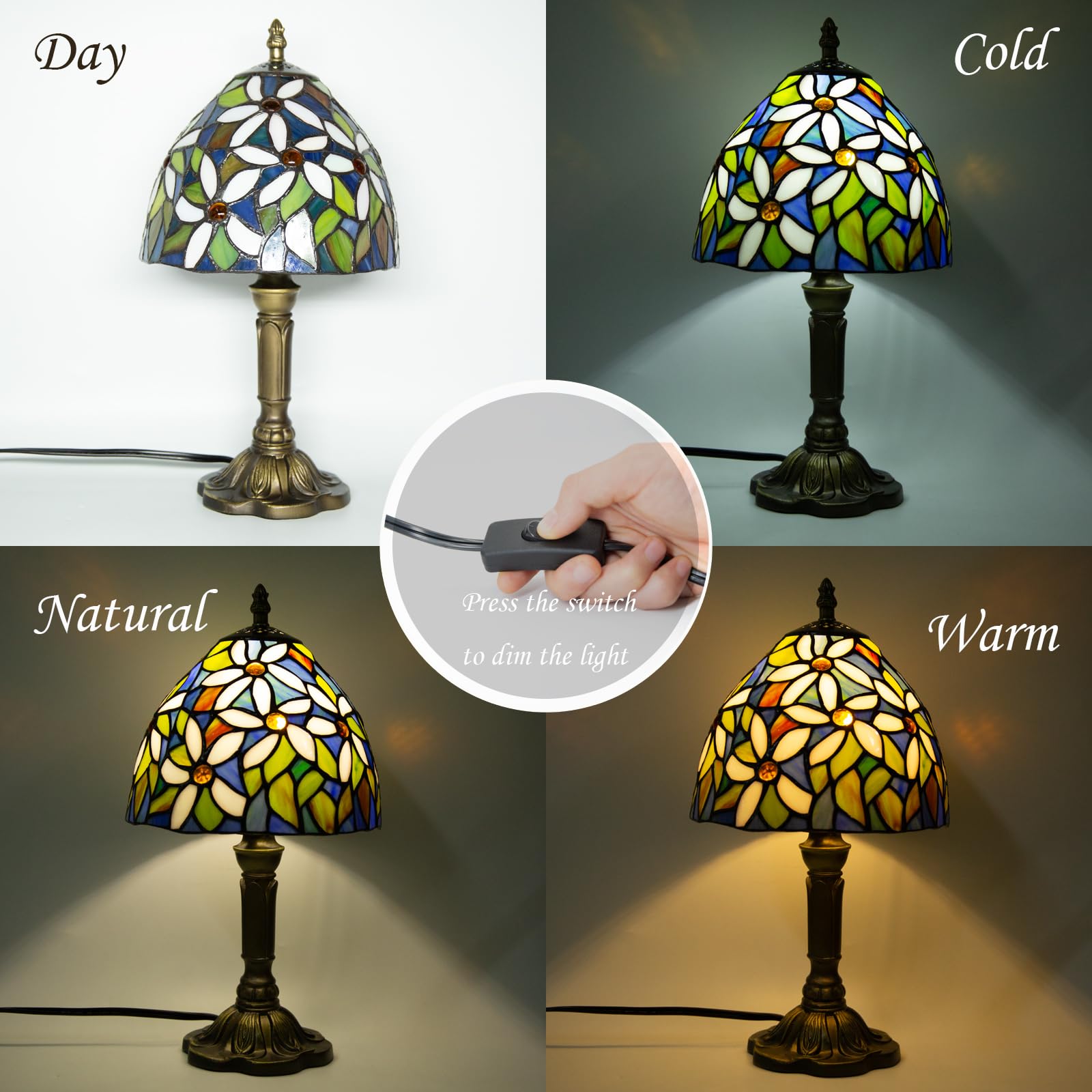 Ppbmocw Stained Glass Lamp,8X14 Inches Small Tiffany Lamp For Bedside,Antique Office,Living Room (E White Flower)