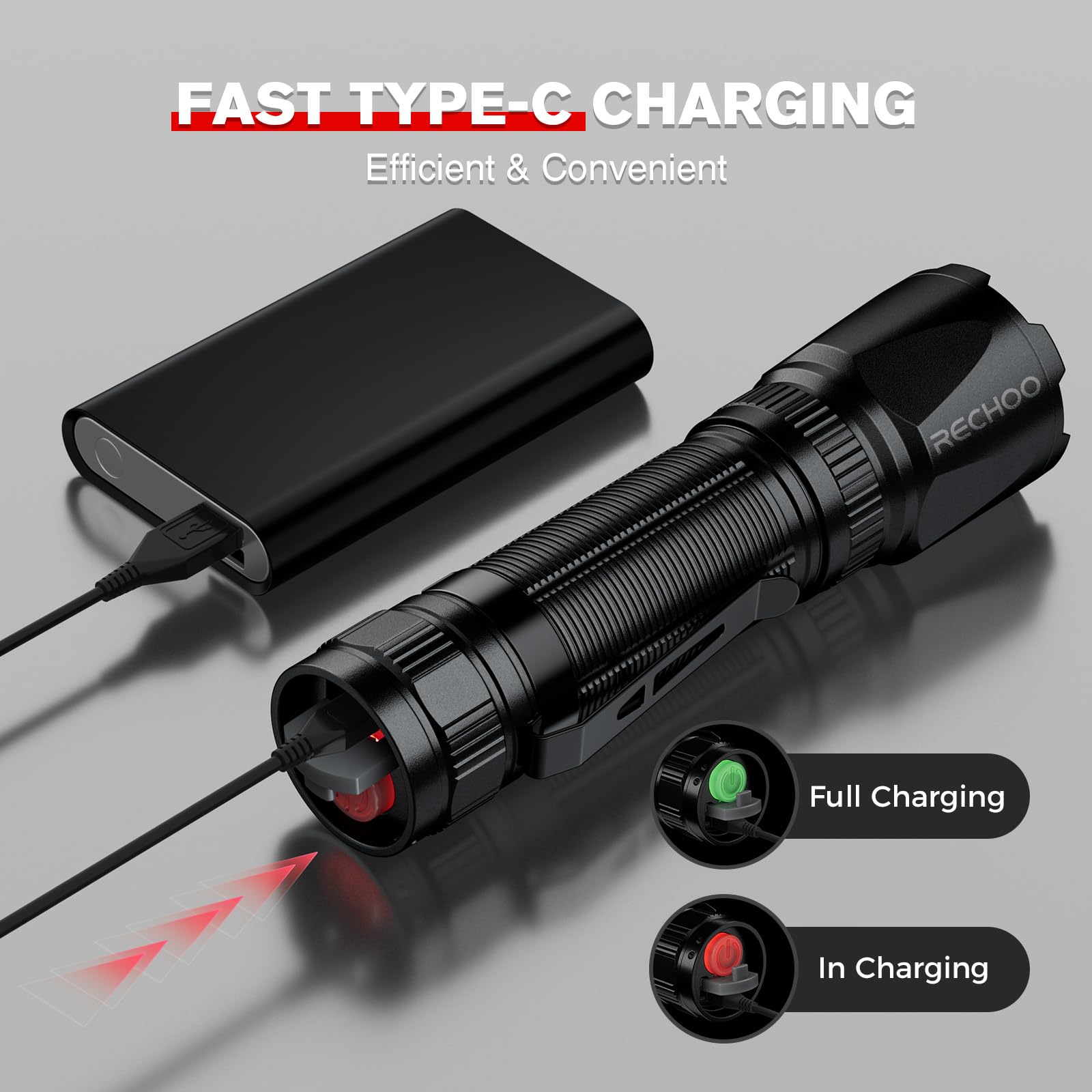 RECHOO Red Light Flashlight - High-Powered, 3 Modes, Rechargeable, Portable, Zoomable, 1 Pack, Black, Model SFL036