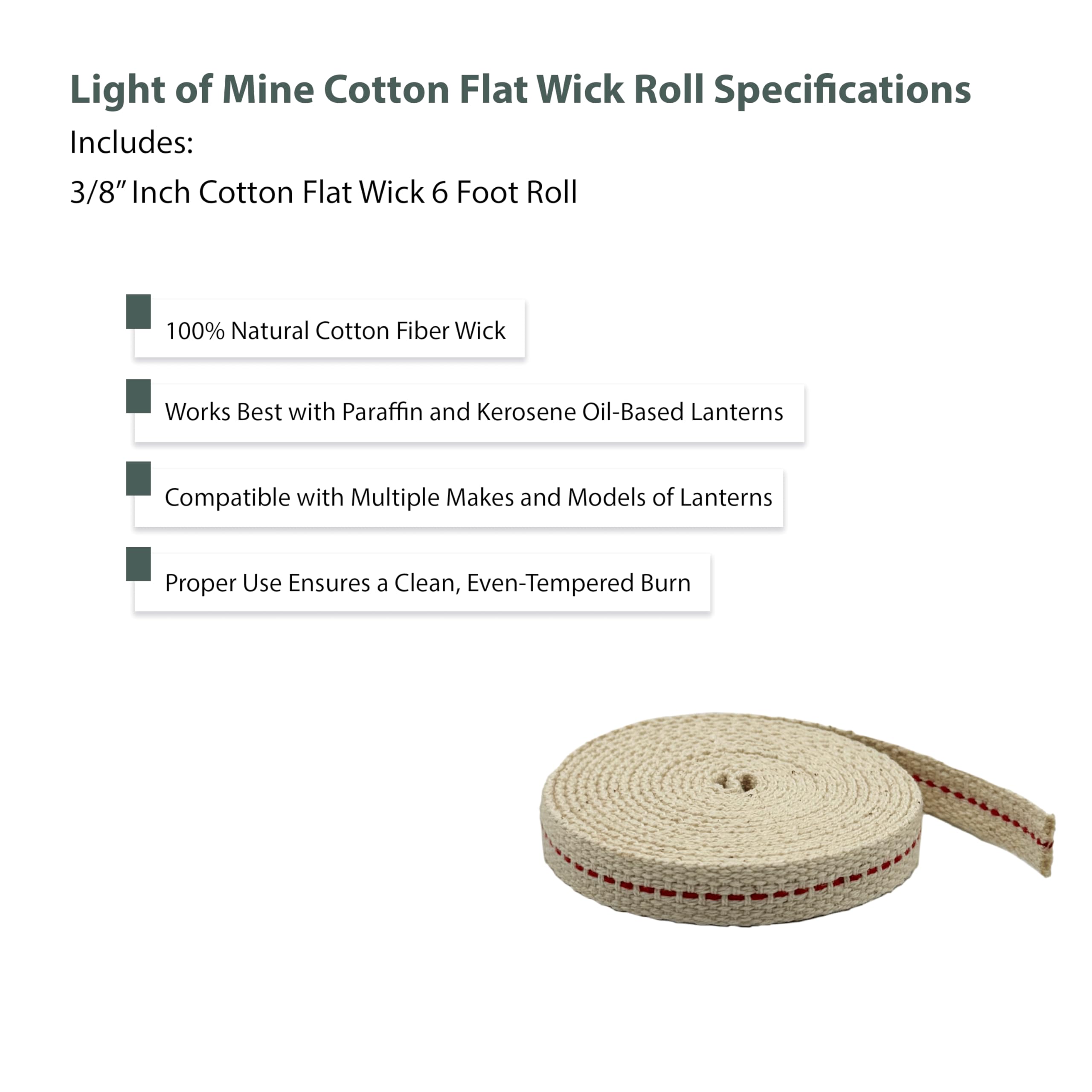LIGHT OF MINE Cotton Flat Wick Roll for Lanterns and Oil Lamps, 3/8in x 6 ft, Model AX-AY-ABHI-114956