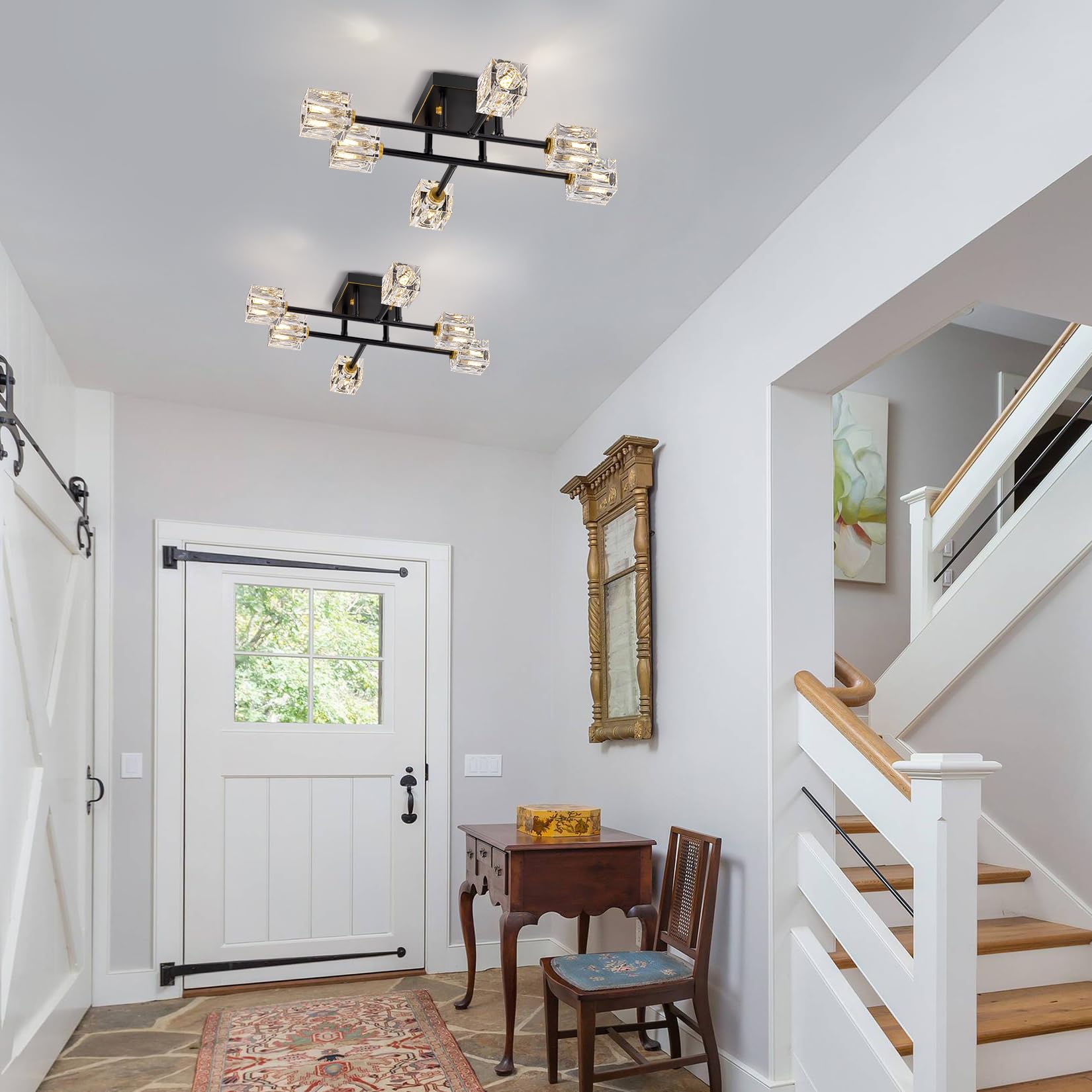 Semi Flush Mount Ceiling Light Fixture 6-Light Modern Crystal Chandeliers Black And Gold Farmhouse Lighting Fixtures For Dining Room Living Room Kitchen Bedroom Entryway