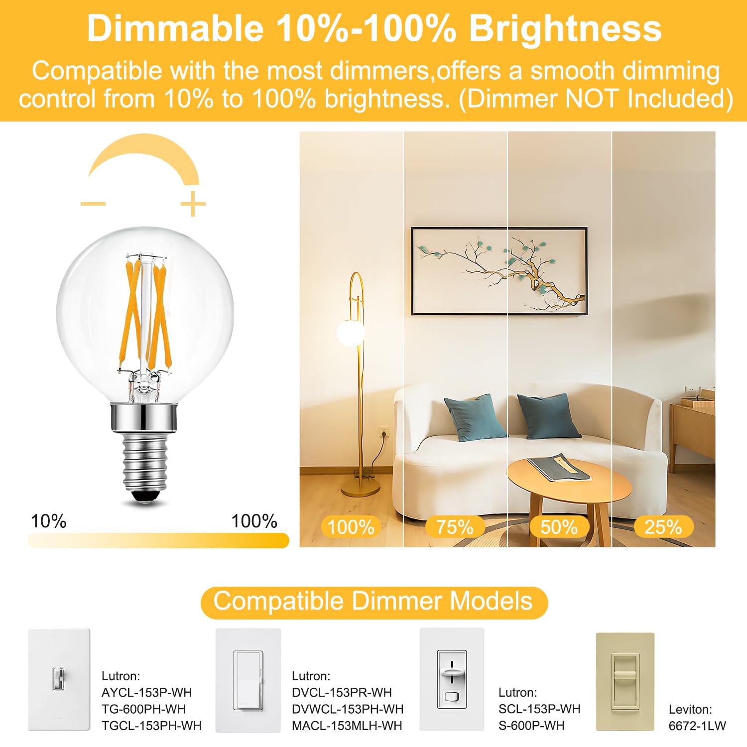 Brimax 10 Pack G16.5 Light Bulbs,Dimmable 4W Led Bulbs,Equal To E12 Candelabra Bulb 40W,Small Globe Bulbs 400Lm, 2700K Warm Whit