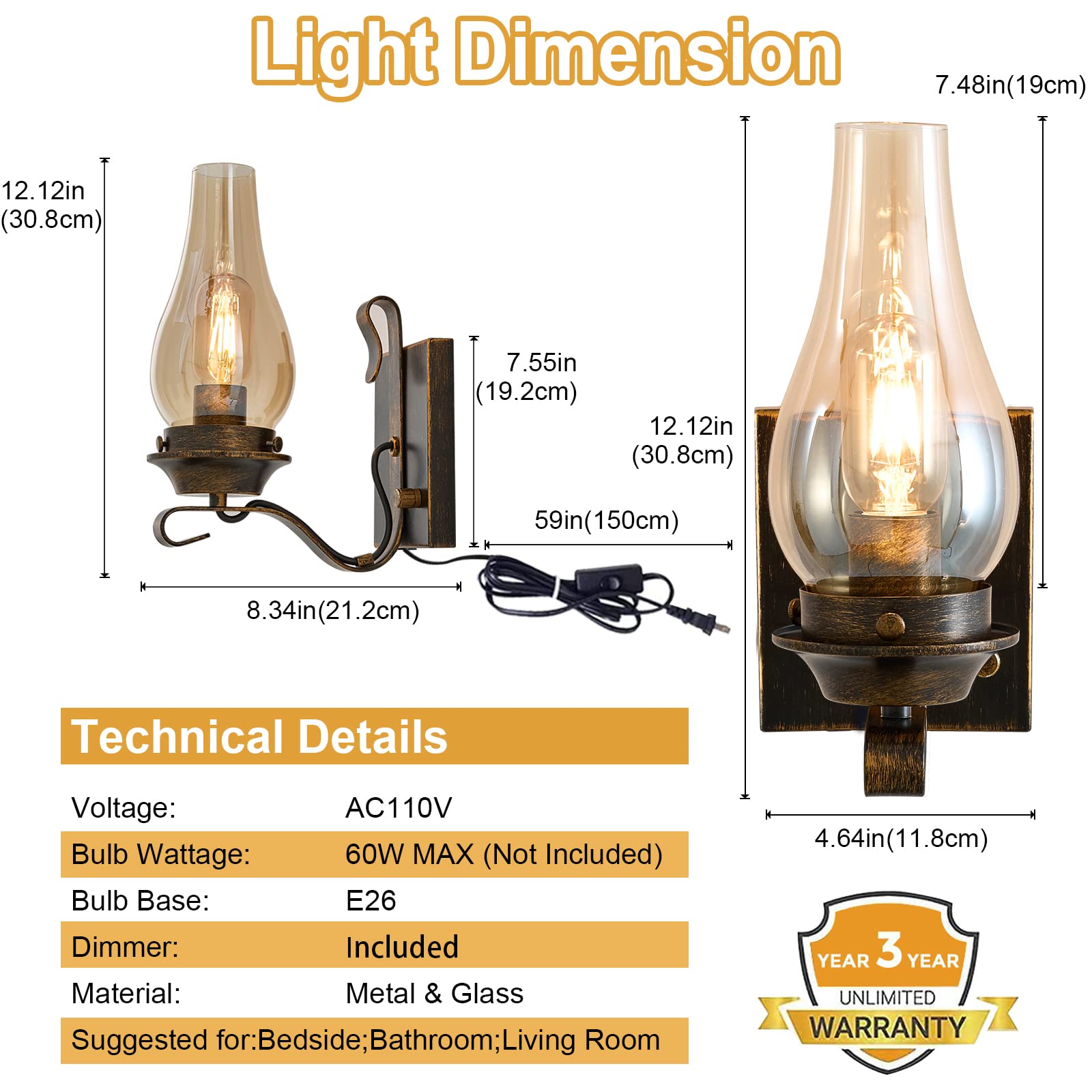 Yisuro Oil Rubbed Bronze Wall Sconces Set Of 2 With Amber Glass - Vintage Rustic Lighting