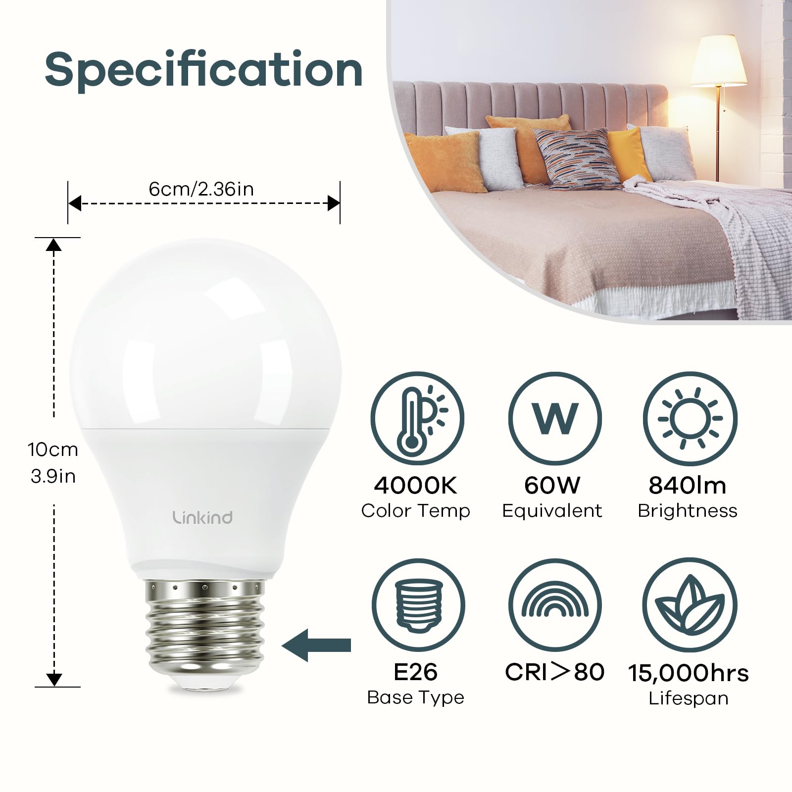 Linkind A19 Led Light Bulb, 60W Equivalent Light Bulbs, 9W 4000K Cool White, 840 Lumens Non-Dimmable Led Bulb, E26 Standard Base