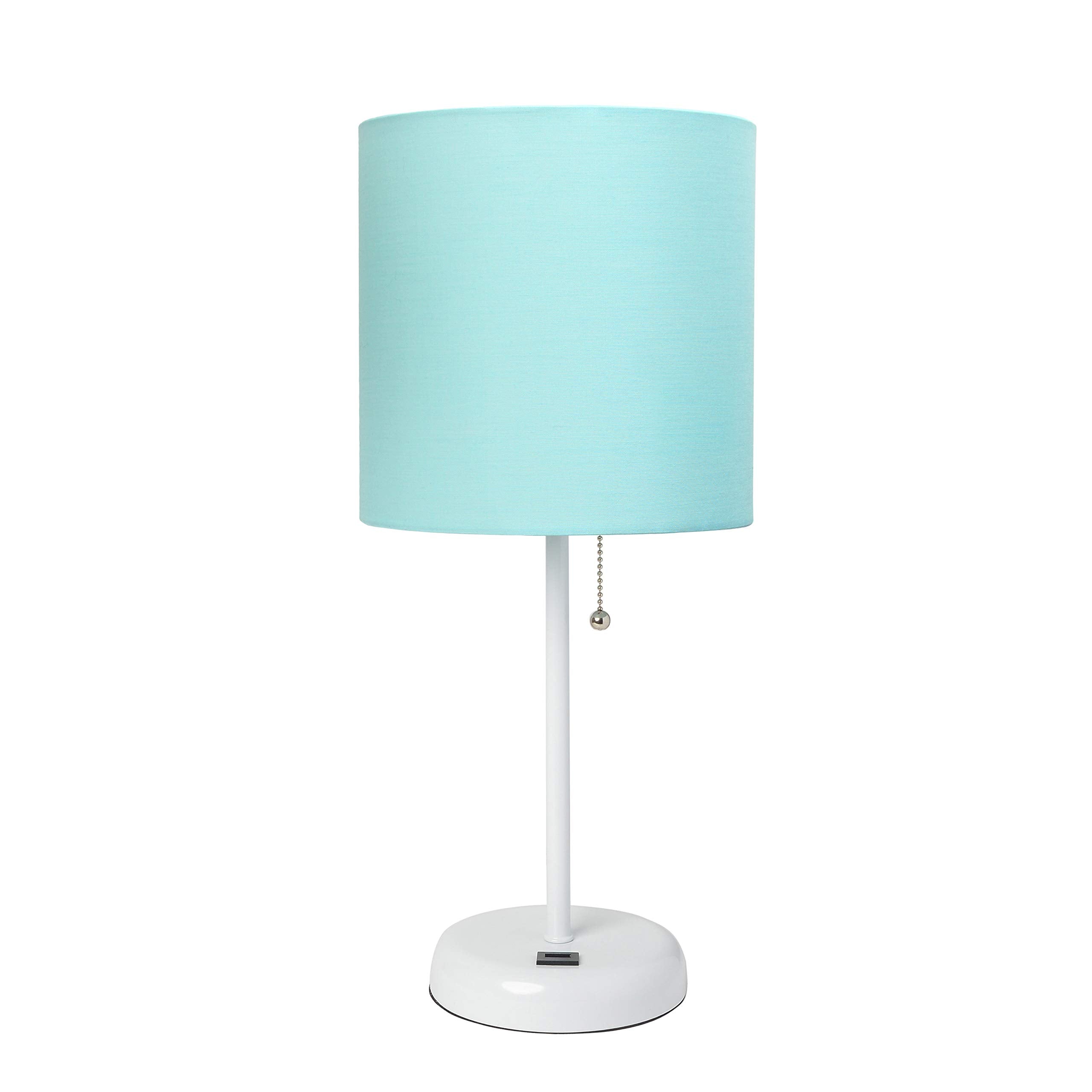 Simple Designs Lt2044-Aow White Stick Table Desk Lamp With Usb Charging Port And Drum Fabric Shade, Aqua Shade