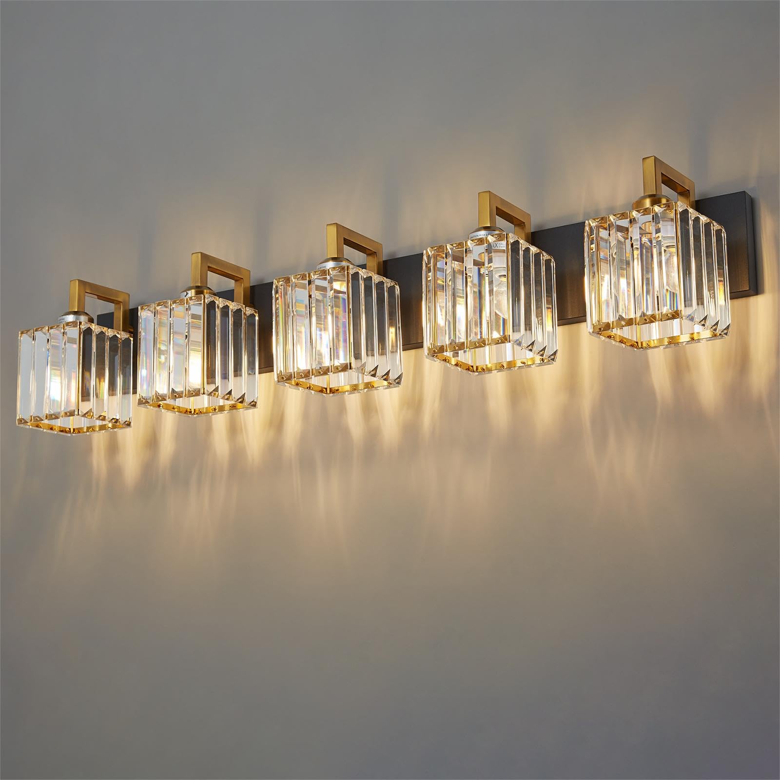 Fdpby Modern Bathroom Vanity Light 5-Lights Black Gold Crystal Wall Lamp Bathroom Modern Crystal Vanity Lighting