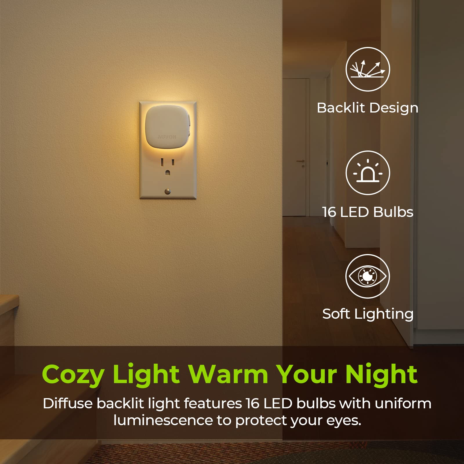AUVON Plug-in LED Night Light with Motion & Dusk Sensors, Dimmable Amber, Adjustable Brightness, Model N001A, 2 Pack