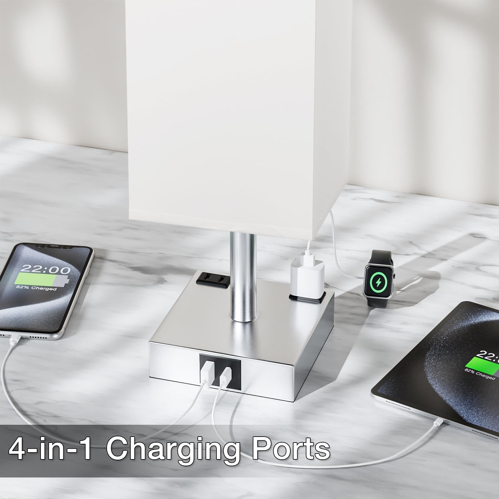 aooshine Touch Bedside Table Lamp - 3-Way Dimmable, USB A & Type C Ports, 14in, White & Silver, Includes E26 LED Bulb