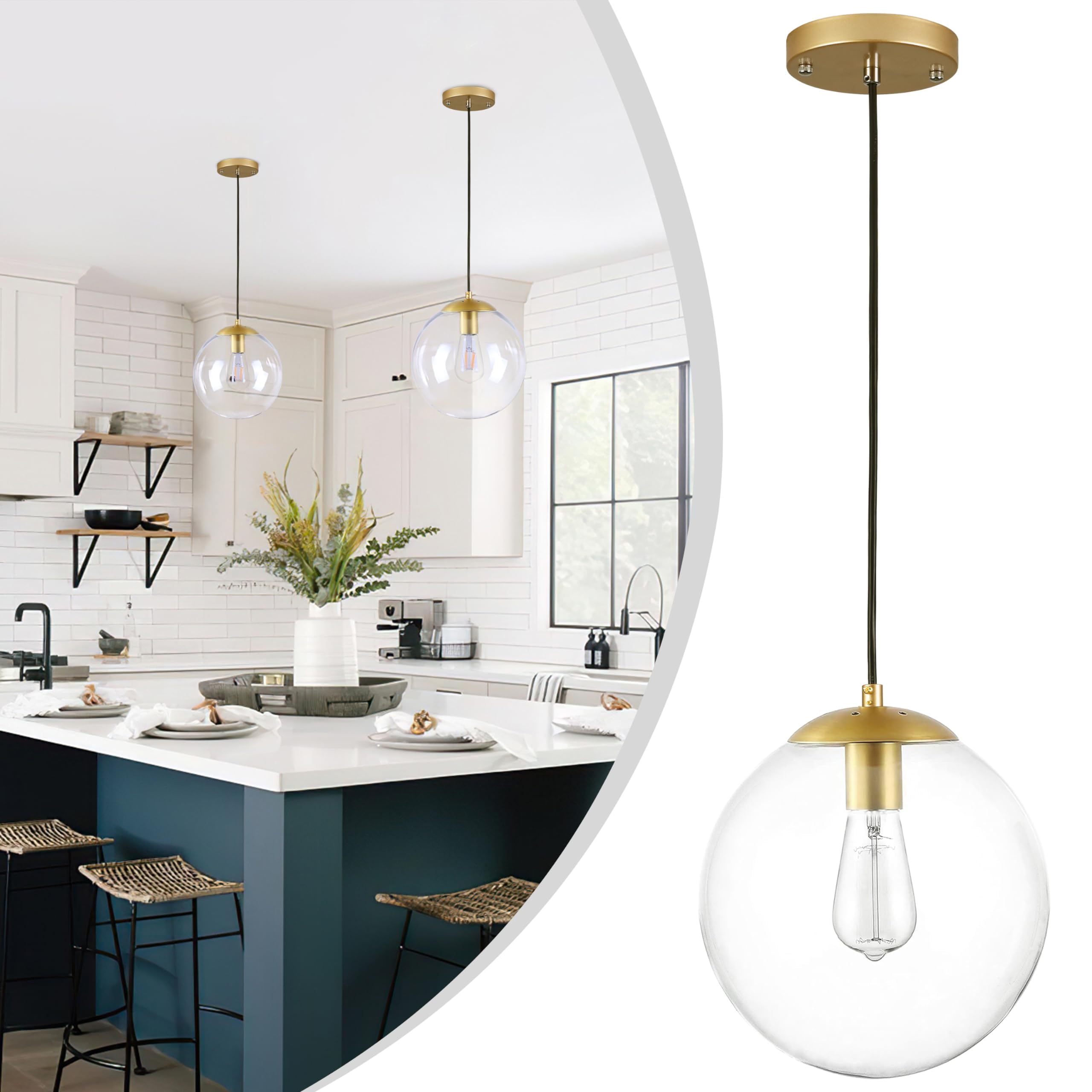 Koko&Yukina 10&quot; Gold Globe Pendant Light, Mid Century Modern Brushed Brass & Clear Glass