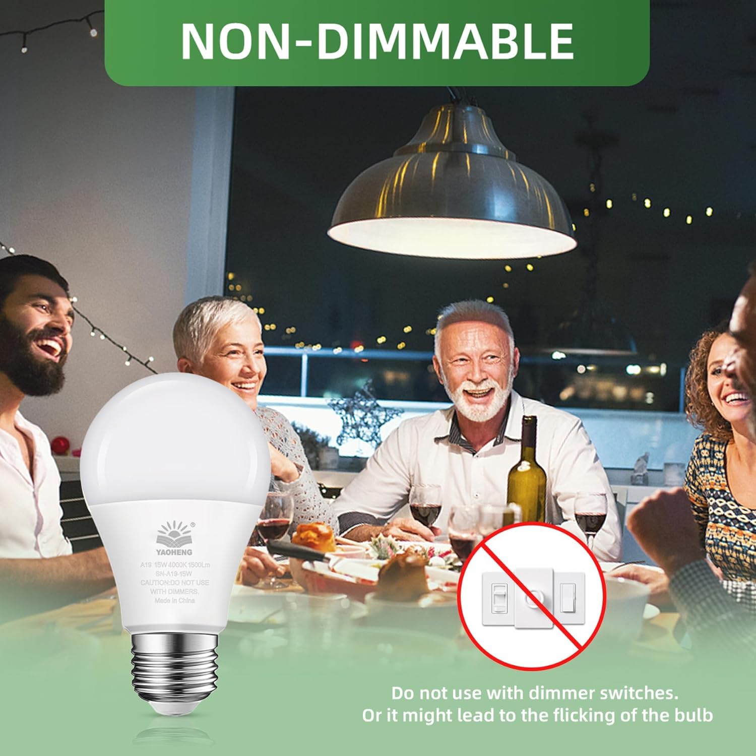 YAOHENG A19 LED Light Bulb, 100W Equivalent, 4000K Neutral White, 1500 Lumens, 15W, E26 Base, Non-Dimmable,