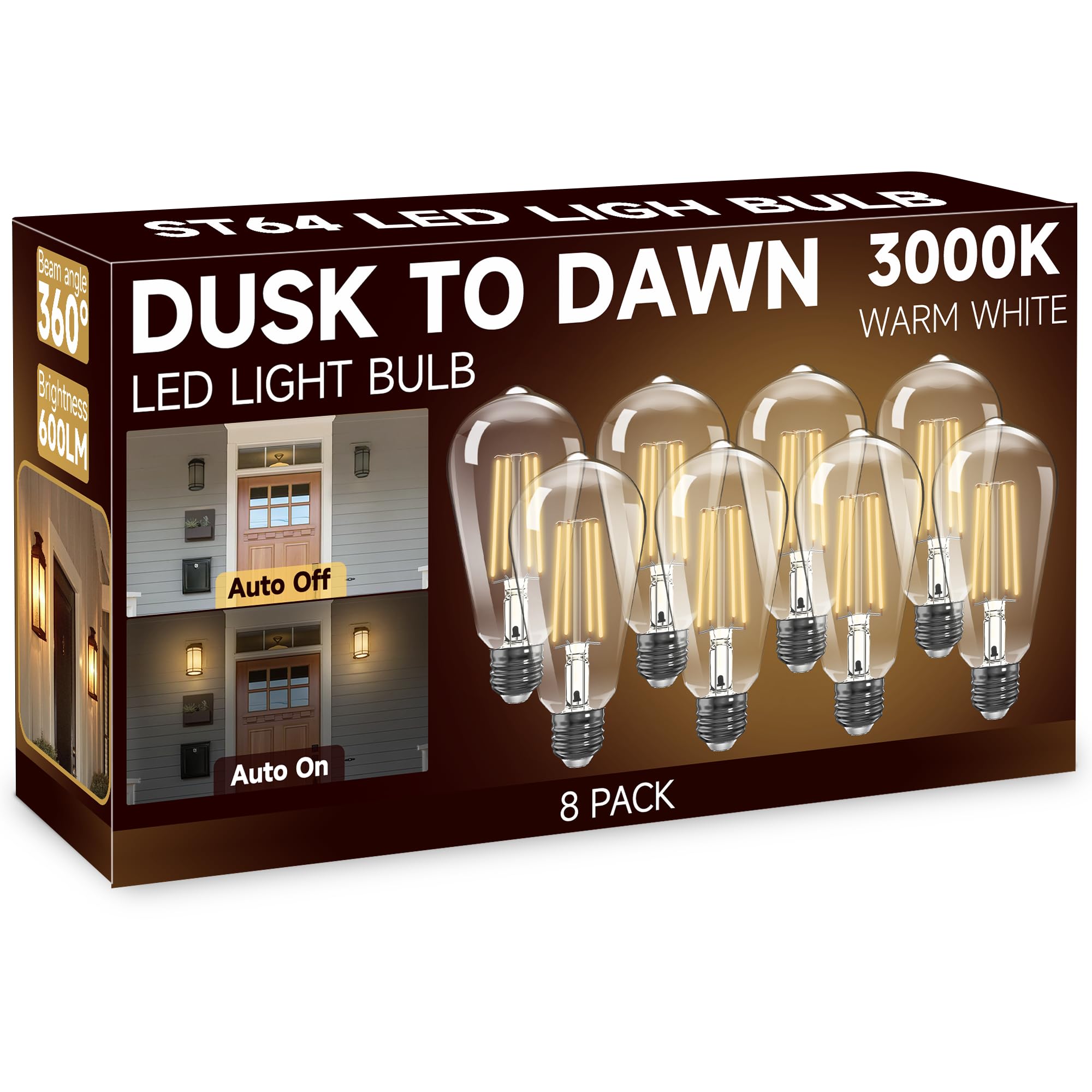 Dusk To Dawn Light Bulbs: Outdoor Light Bulbs  6W Equivalent 60W Edison Bulbs  3000K Warm White  Vintage 600Lm Led Outdoor Lighting  E26 Base  Photocell Sensor  Automatic Bulb For Porch Patio  8 Pack