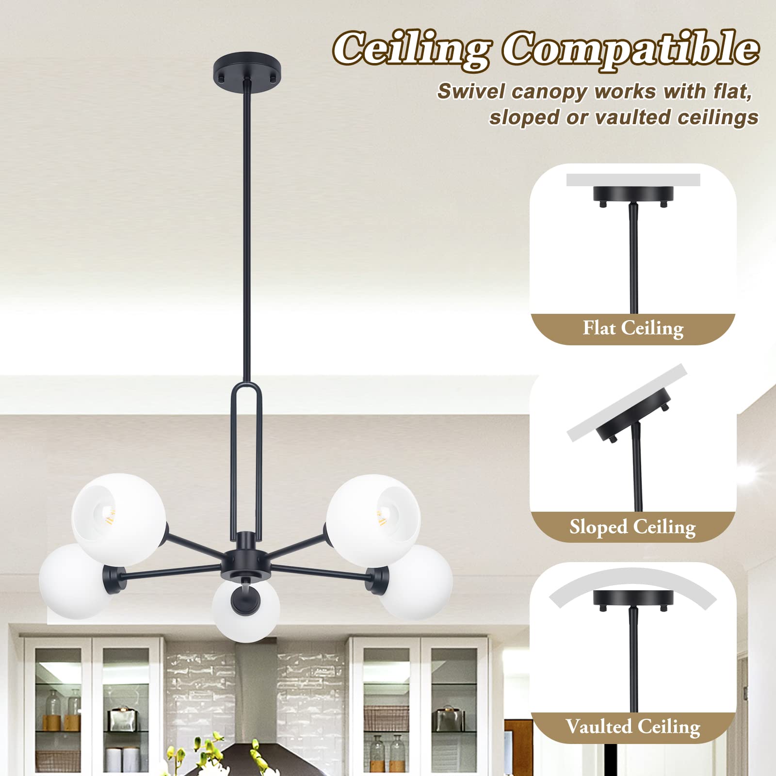 Modern 5-Light Globe Sputnik Chandelier - Large Semi-Flush Dining Room Light, Black Glass Pendant For Kitchen, Living Room, Bedr