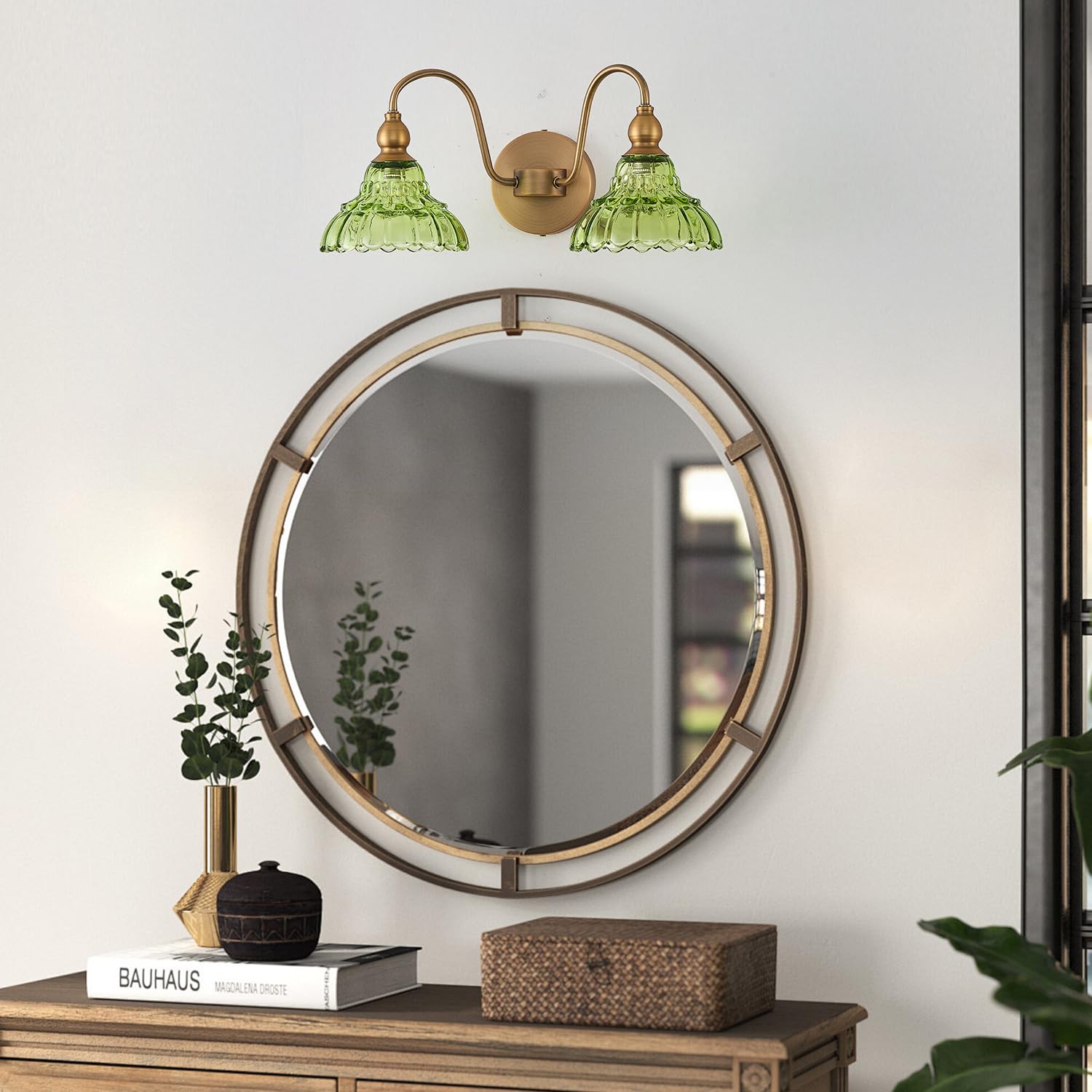 TLOLGT Vintage 2-Light Bathroom Vanity Light, Green Glass Wall Sconces, Model LS178-2, Perfect for Bathroom & Hallway Lighting