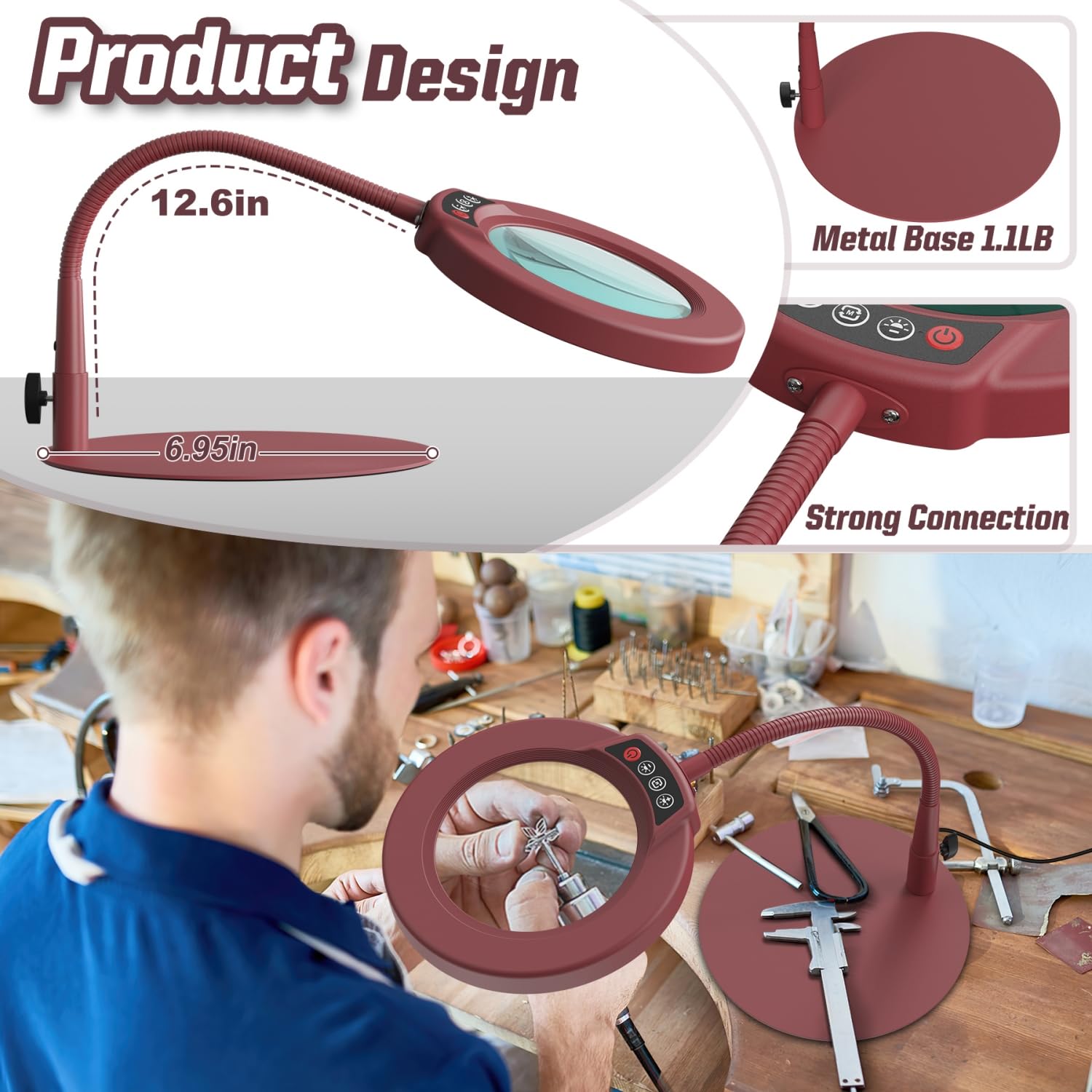 Krstlv 10X Magnifying Glass with Light, LED Desk Lamp, Flexible Gooseneck, Metal, Model EG906, Red