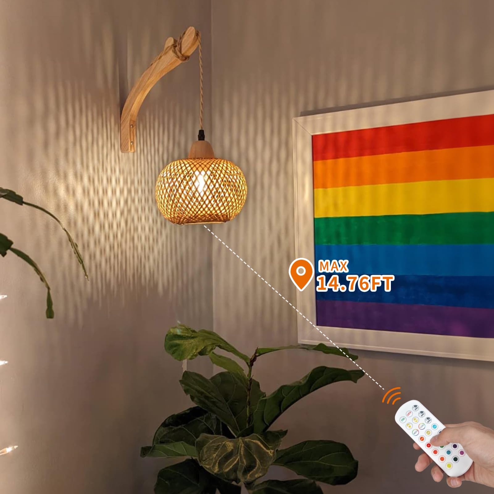 Frideko Rechargeable Battery Operated Wall Sconces Set Of Two With Remote, Rgb 15 Colors Dimmable Wireless Wall Light, Bamboo In