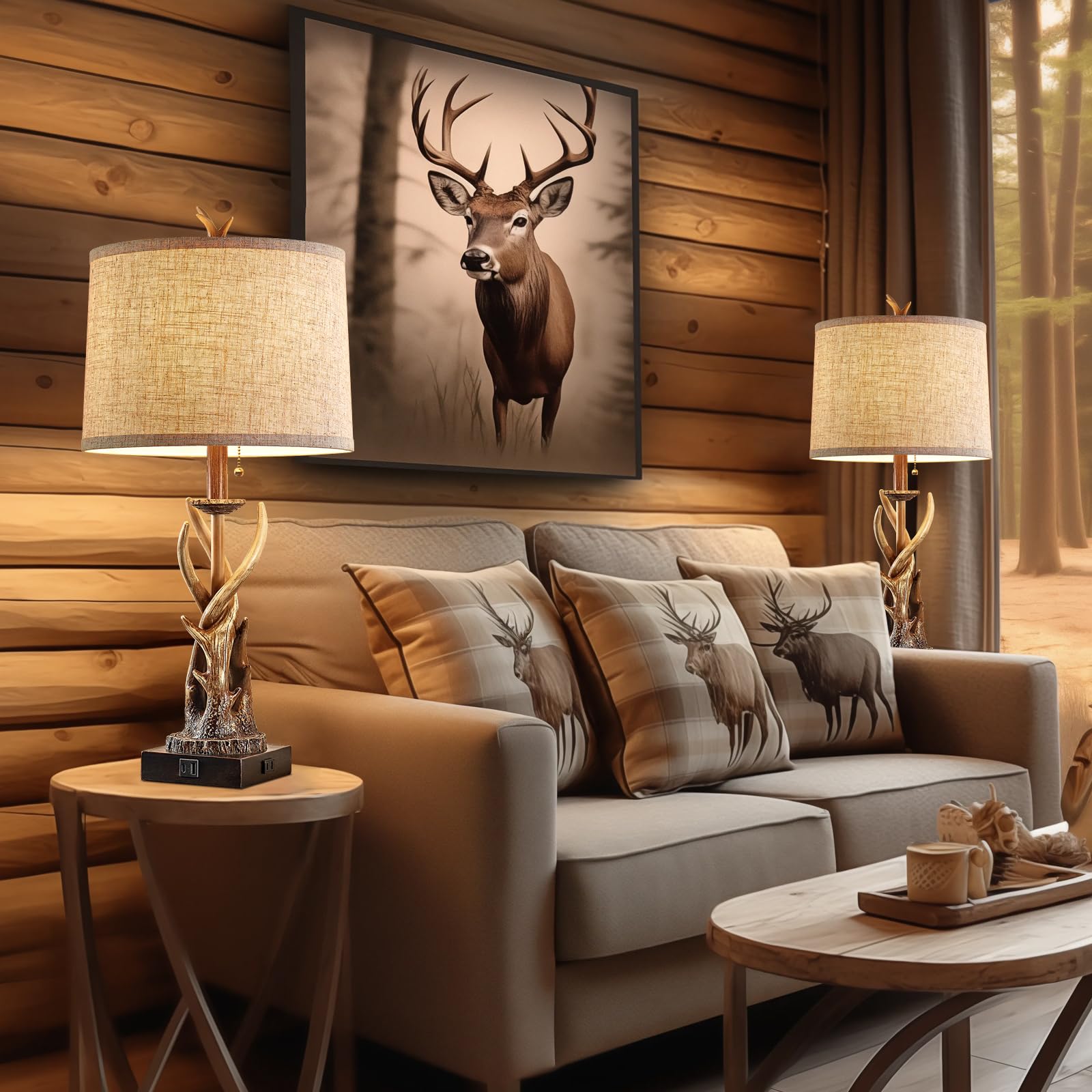 Bowobo Rustic Deer Antler Table Lamps Set Of 2 For Bedroom Farmhouse Bedside Lamps With Usb A+C Ports For Living Room End Table