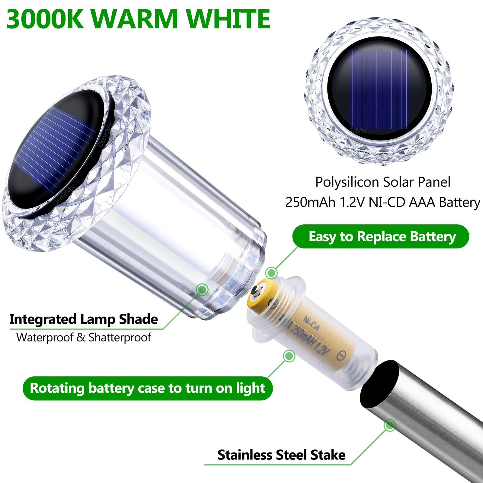 Denicmic Solar Lights Outdoor Pathway Lights 3000K Led Waterproof Acrylic Lamp Head Stainless Steel Stake For Yard Garden Landsc