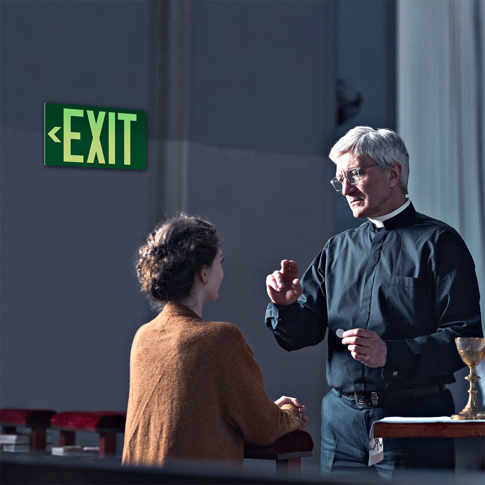 Photoluminescent Exit Sign Aluminum - Adhesive Backing Glow In The Dark - Removable Arrows Included - 12X7 Inches - Non Electrical Green Exit Light For 50 Feet Visibility (2 Pack)