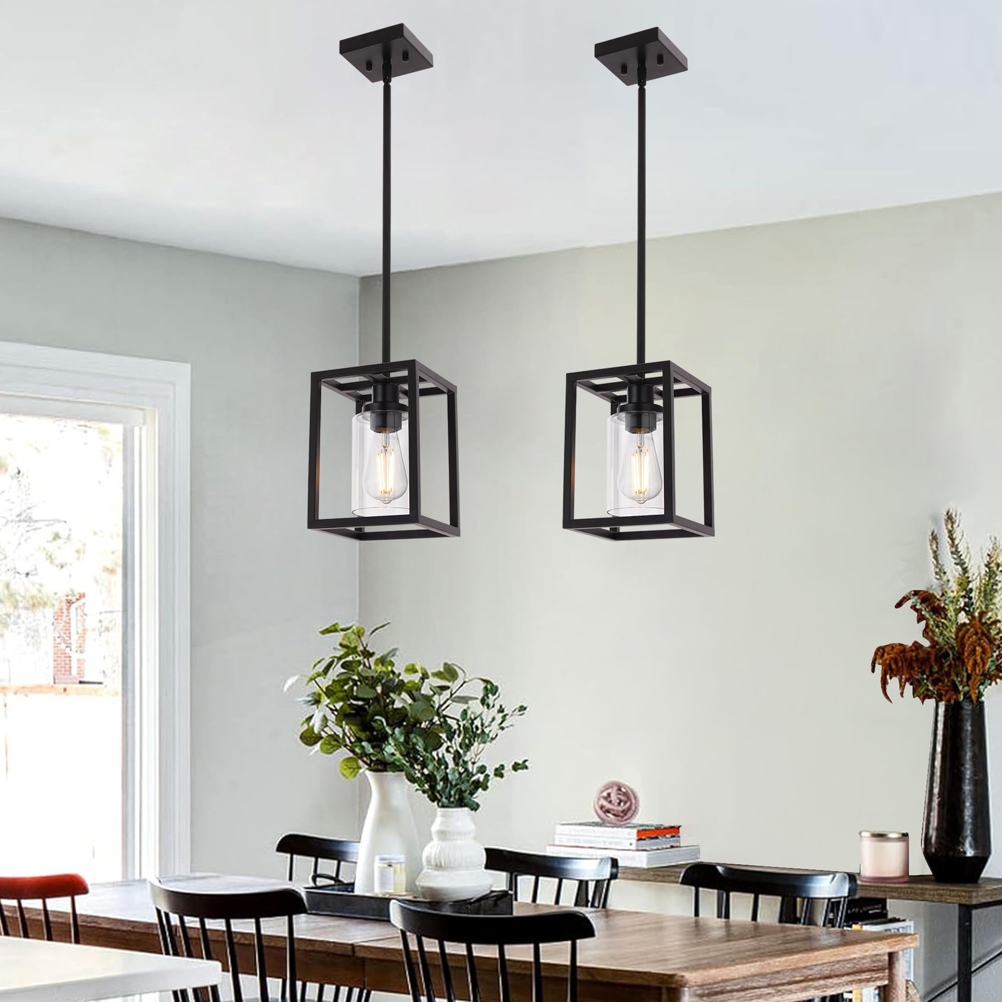 MELUCEE Glass Pendant Lights, Black Metal, 2 Packs, 6.7 inches, Clear Glass Shade, Model 4-45011-2P-2BL, Ideal for Kitchen
