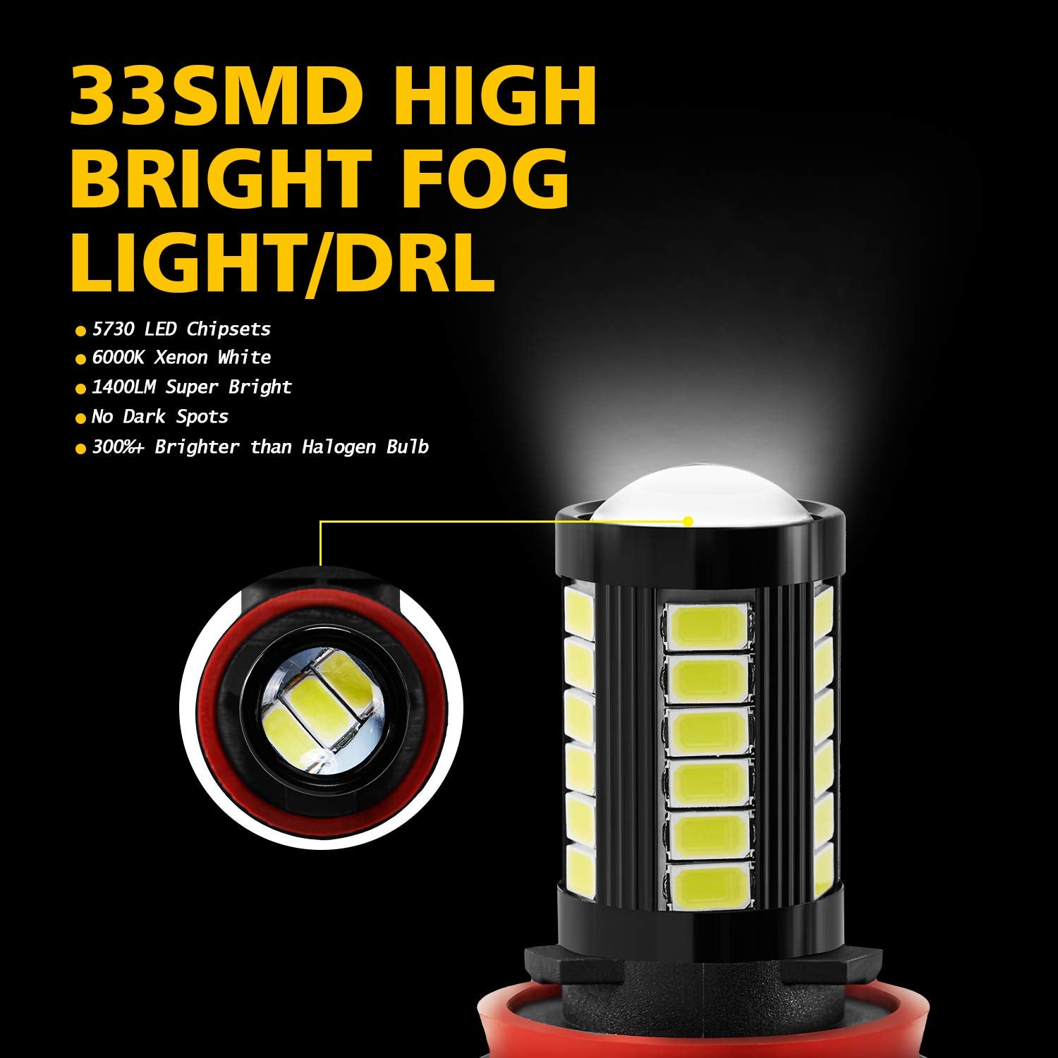 Auxlight H11 H8 H11Ll H8Ll H16 (Japanese) Led Fog Light Bulbs 6000K Xenon White, Super Bright 2800 Lumens 33-Smd Chips Led Daytime Running Lights Drl Bulbs Replacement For Cars, Trucks (Pack Of 2)