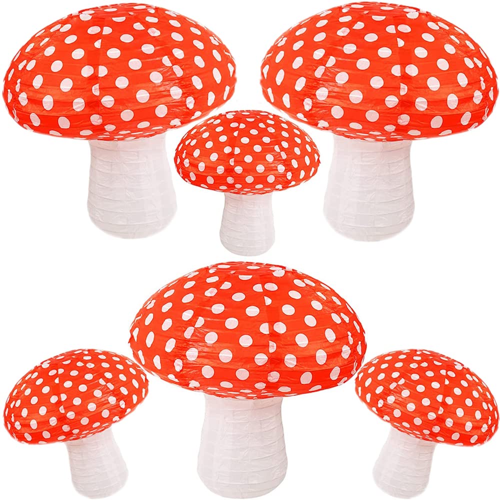 6Pcs Mushroom Paper Lanterns, 3D Mushroom Hanging Ornament For Wonderland Jungle Forest Themed Birthday Party Wedding Nursery De