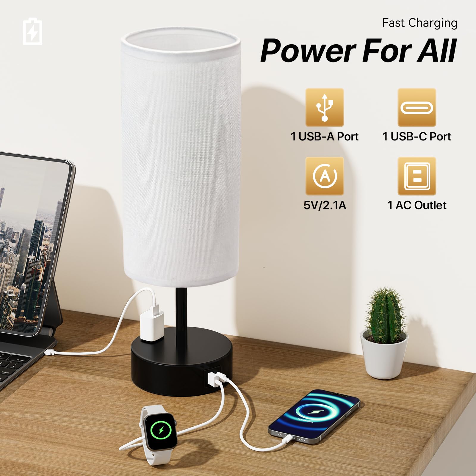 Kpq Small Bedside Lamp Touch Control Table Lamp With Usb A+C Charging Ports & Ac Outlet 3-Way Dimmable Nightstand Lamp With Line