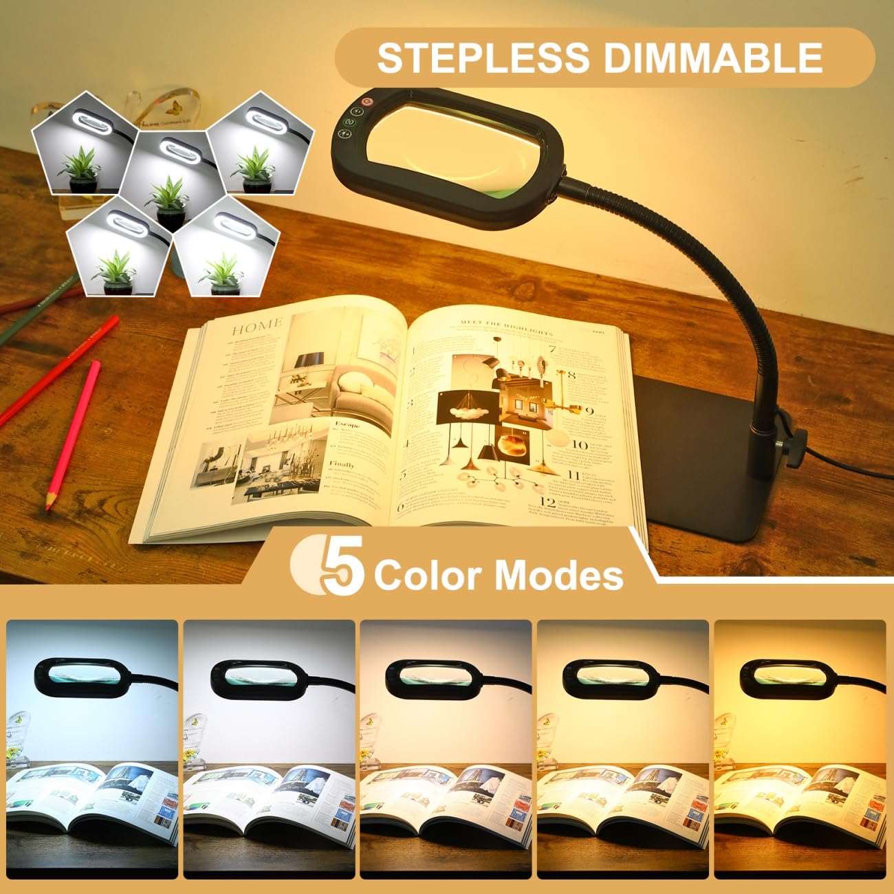 Veemagni 10X LED Magnifying Glass with Flexible Gooseneck, Black, Model GE602, Stepless Dimmable Light for Crafts and Close Work