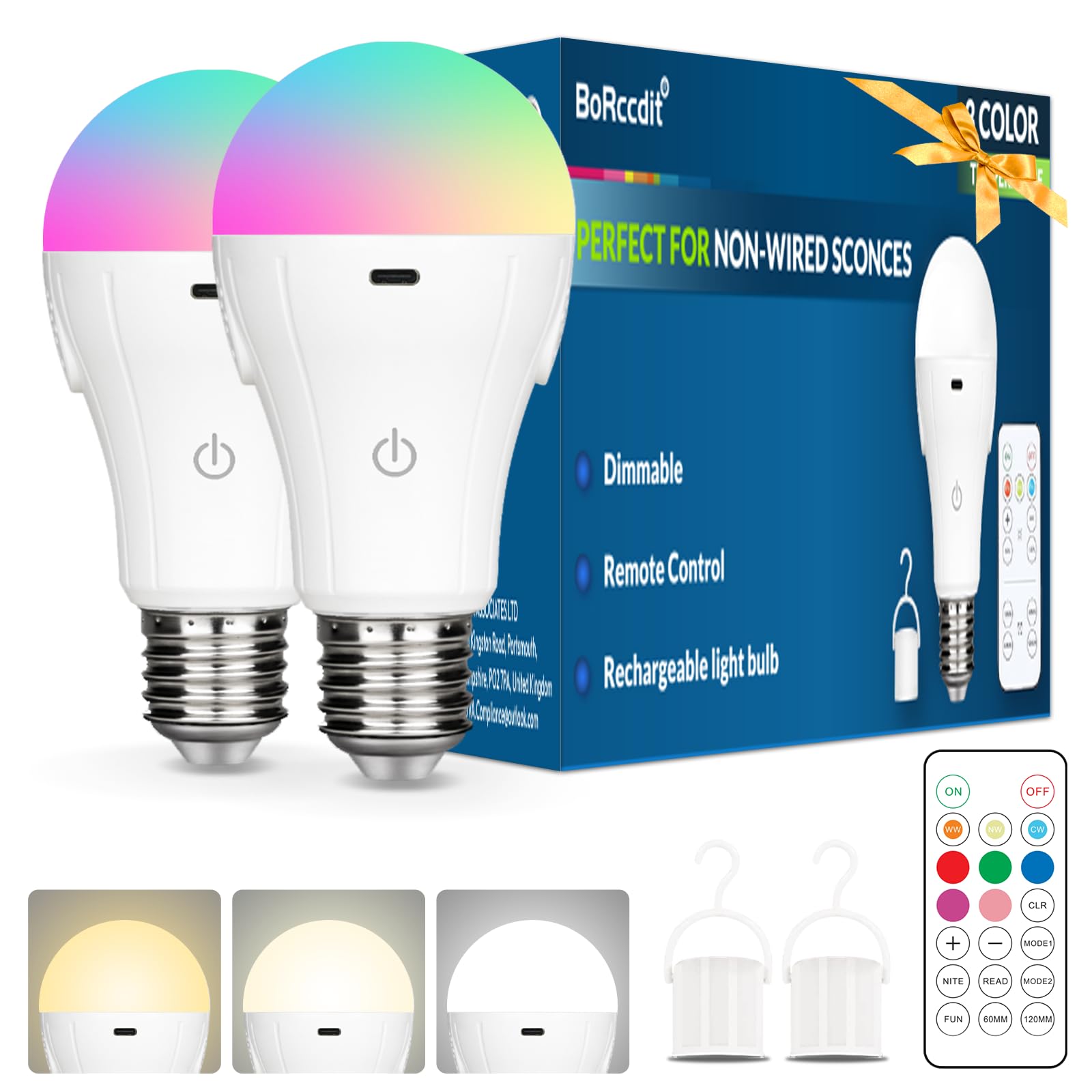 BoRccdit CordlessGlow Rechargeable Light Bulbs, 5 RGB + 3 CCT, 2 Packs, Model Yjqp1, Dimmable, Touch/Remote Control