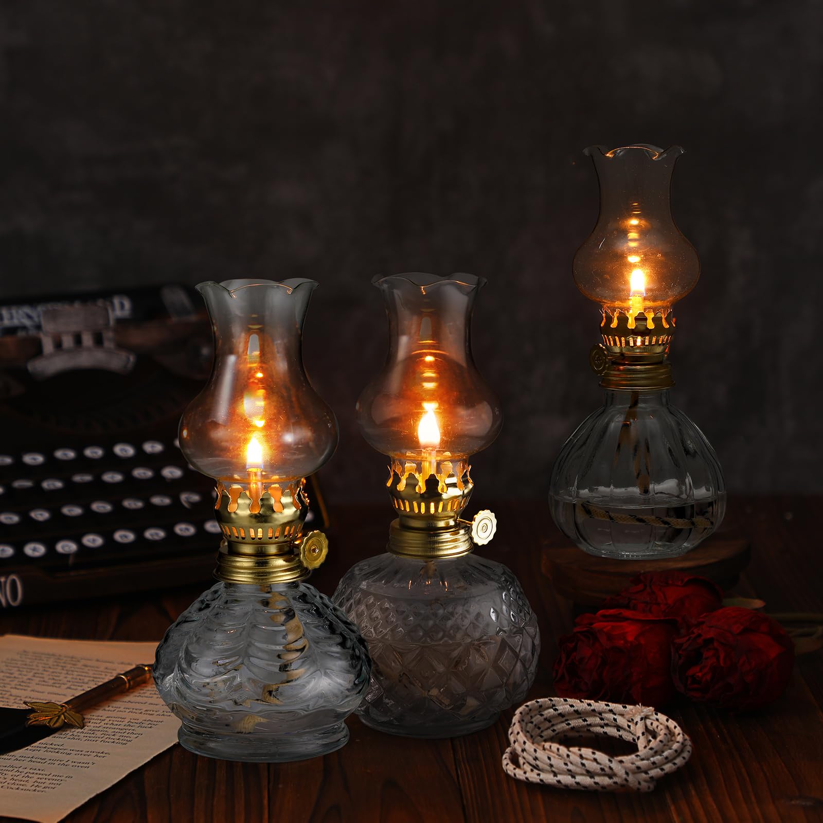 Yexiya 6 Pcs Oil Lamp Vintage Glass Kerosene Lamp Rustic Lantern Chamber Oil Lamps Clear Kerosene Lamp Hurricane Lamp With 6.6 Ft Extra Wick For Indoor Use Home Decor Emergency (Vivid)