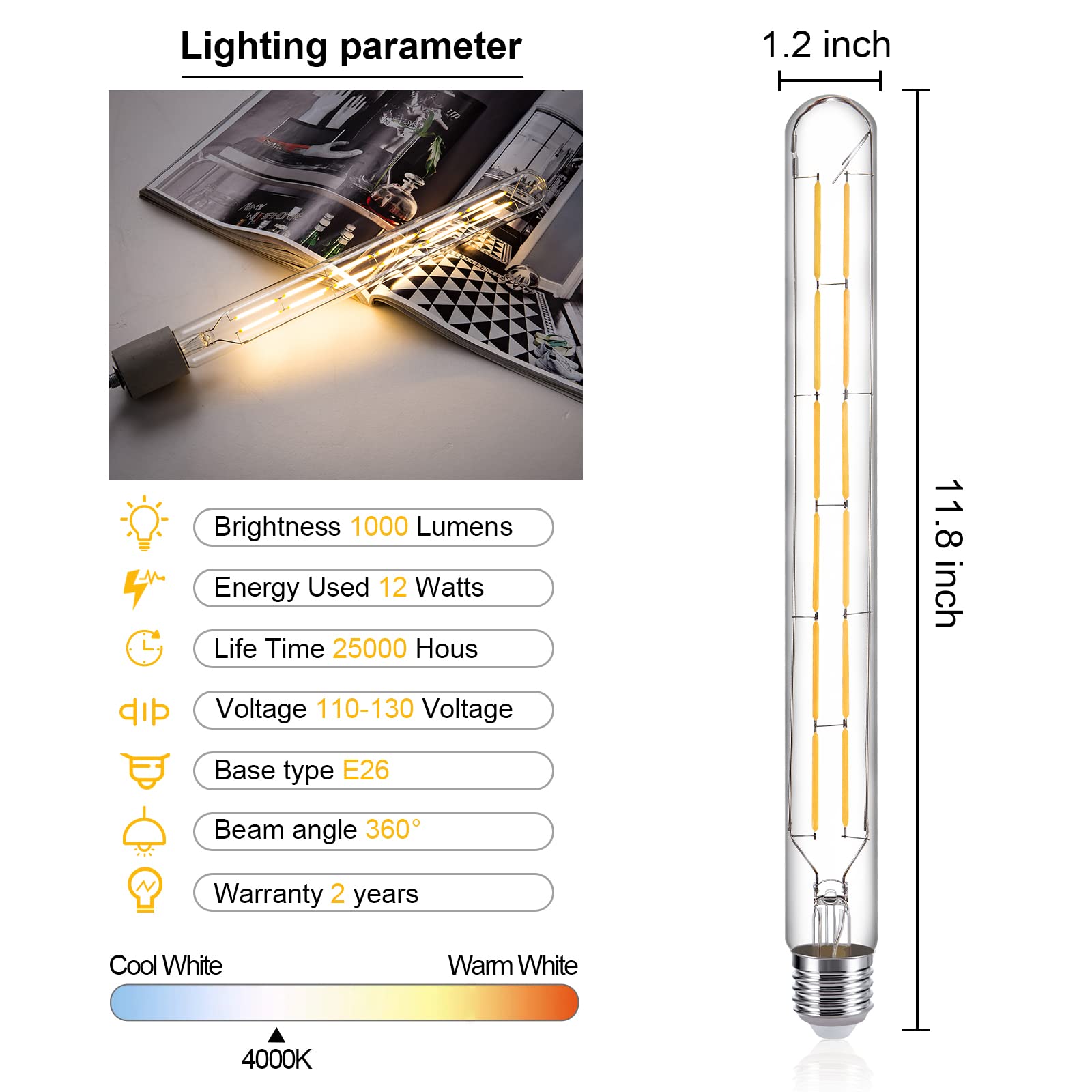 Tianshq Led Tube Bulbs,T10 Tubular Edison Style Led Filament Bulb, 12W Dimmable Antique Led Bulb,E26 Base,Clear Glass,4000K Dayl