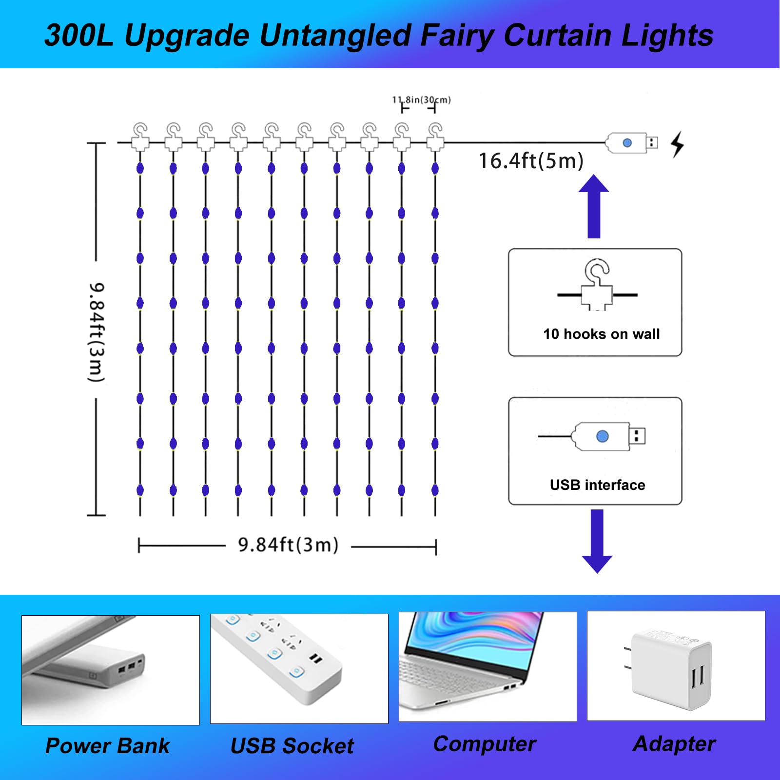 Sinamer Blue Pixie Curtain Light, 9.8Ft X 9.8Ft Untangled Copper Wire String Lights, Usb Powered Hanging Window Fairy Lights, 8 Lighting Modes, Remote Control For Home Christmas Wedding Party