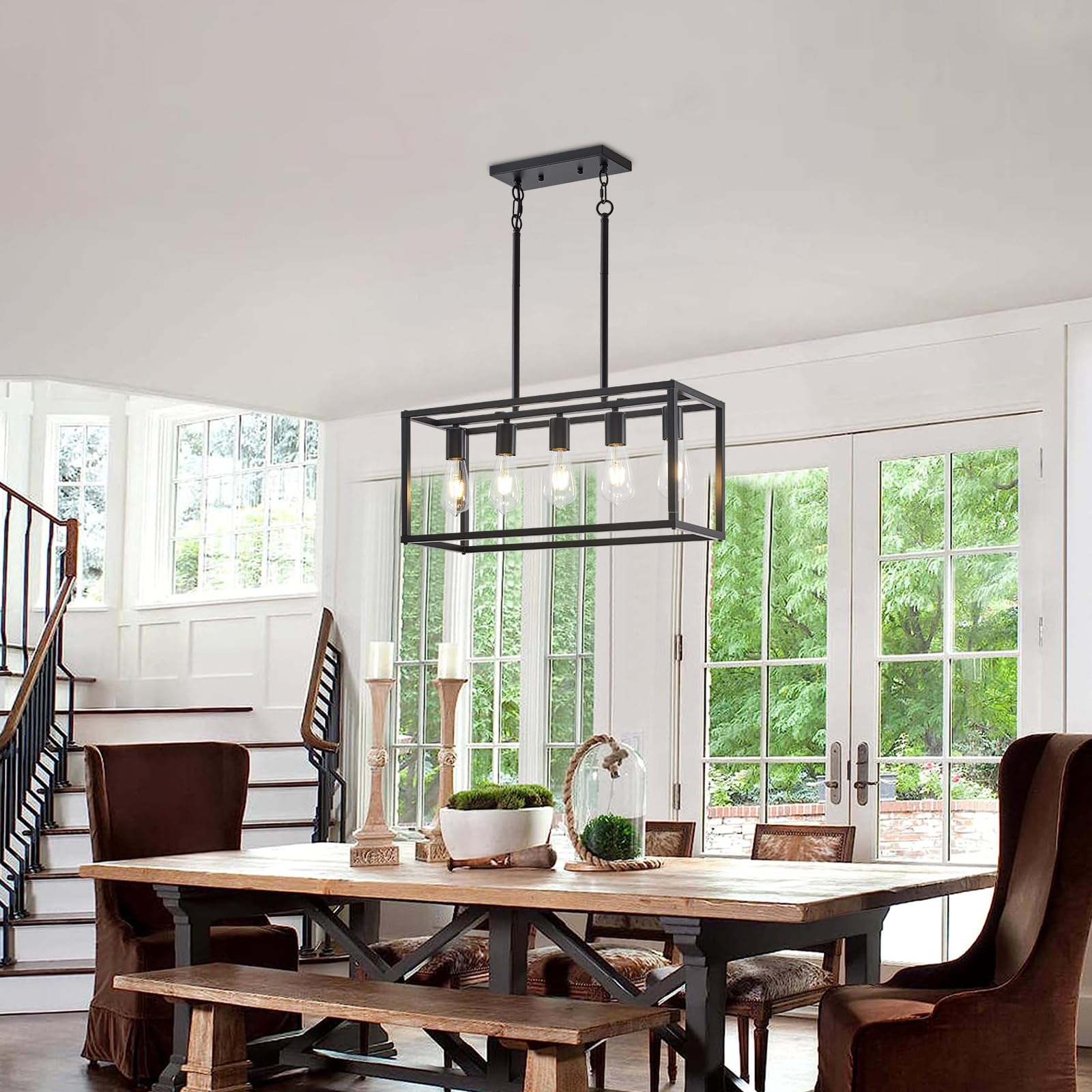 Lanhall 5-Light Kitchen Chandelier, Black Metal Pendant Light Fixture, Adjustable Height, Model 500-100-1029