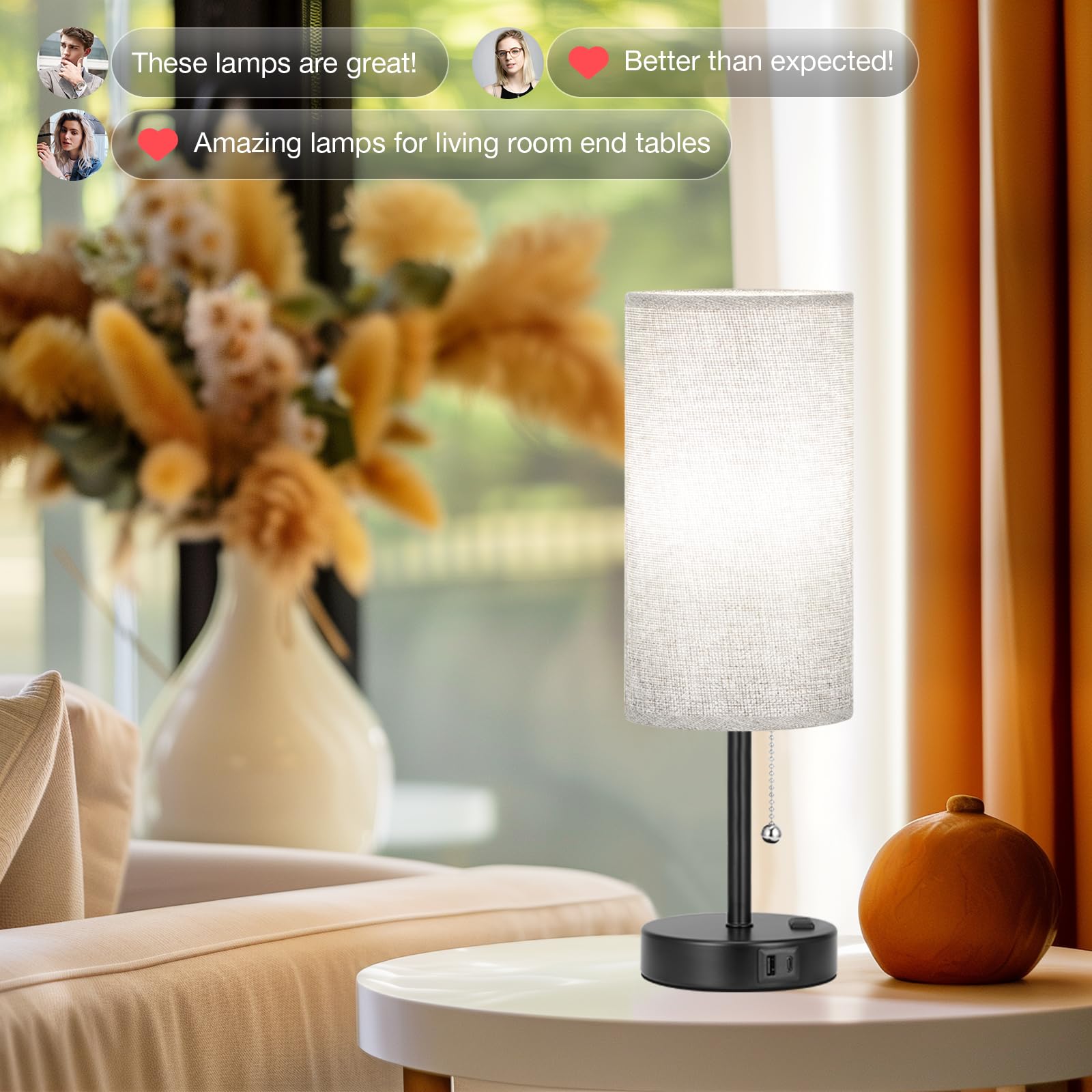 Tall Grey Bedside Lamp For Bedroom Set Of 2- 17.4Inch Grey Table Lamp With Usb A + C Charging Port, 3 Color Temperatures Pull Ch