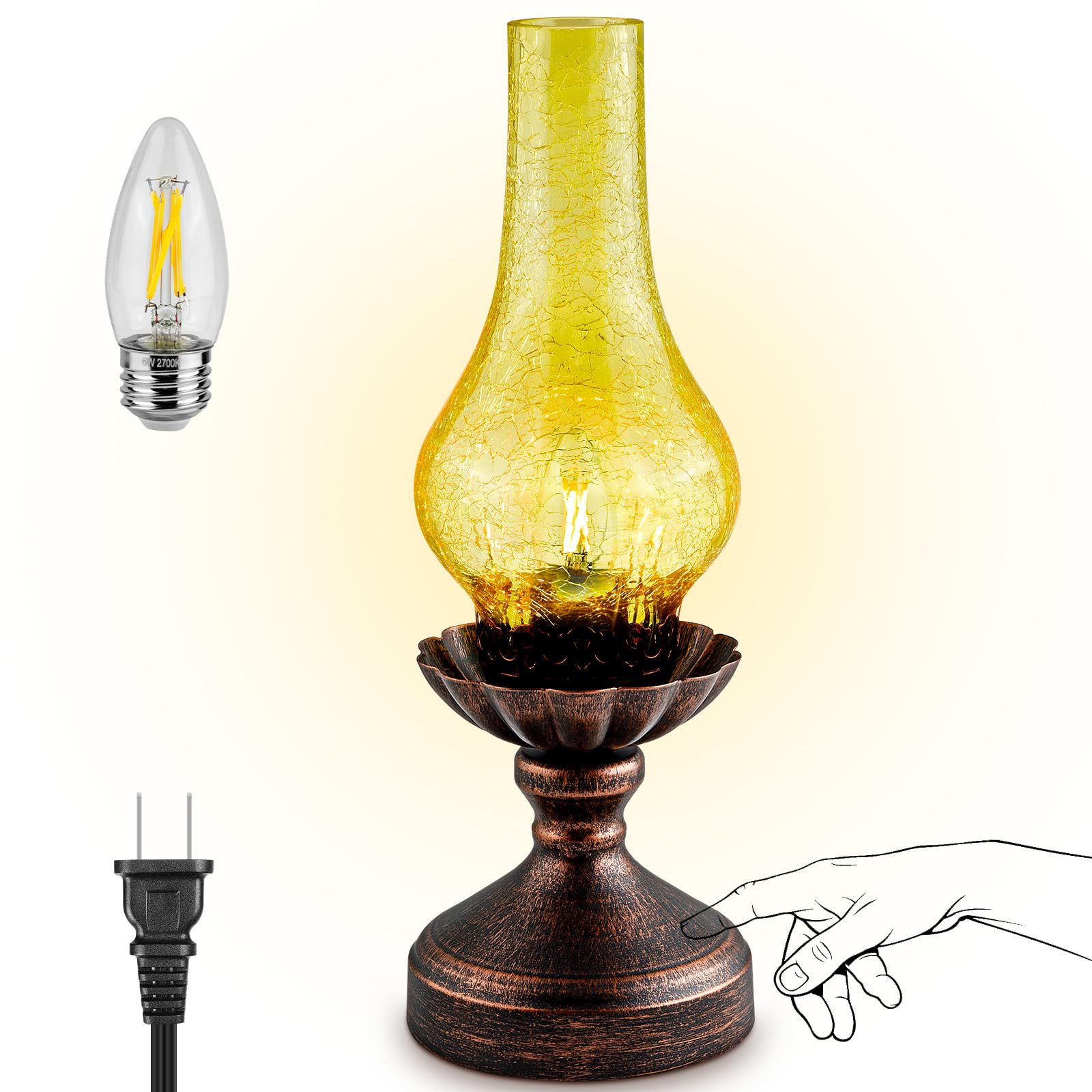 LEDIKON Vintage Table Lamp | Touch Control & 3-Way Dimmable Rustic Retro Farmhouse Bedside Lamp with Clear Glass Shade and LED B