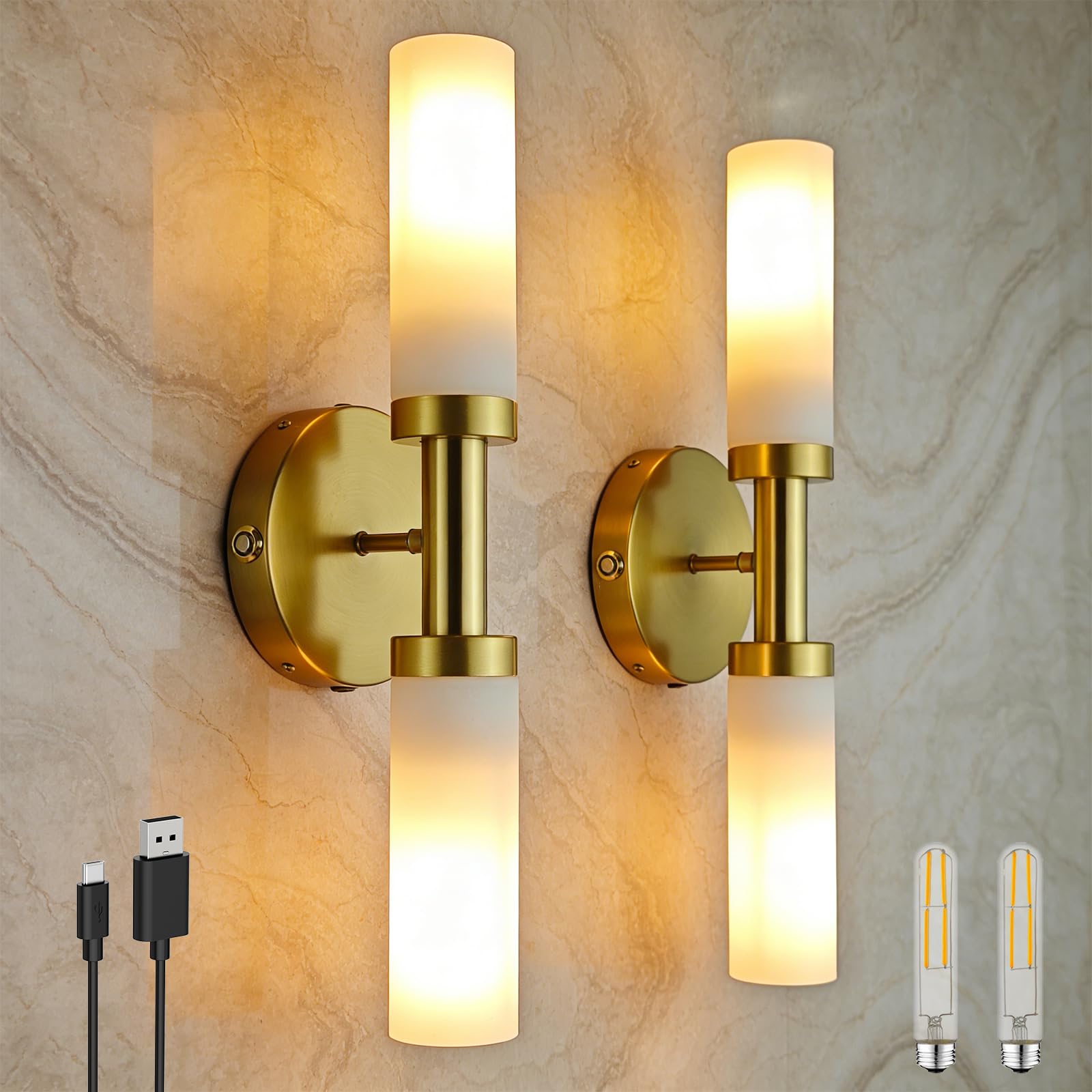 ThyFenno Dimmable Gold Battery Operated Wall Sconce  Rechargeable Bathroom Wall Lights Wireless Easy Install  Brass Moden Wall Lamp for Living Room Hallway Over Mirror Indoor