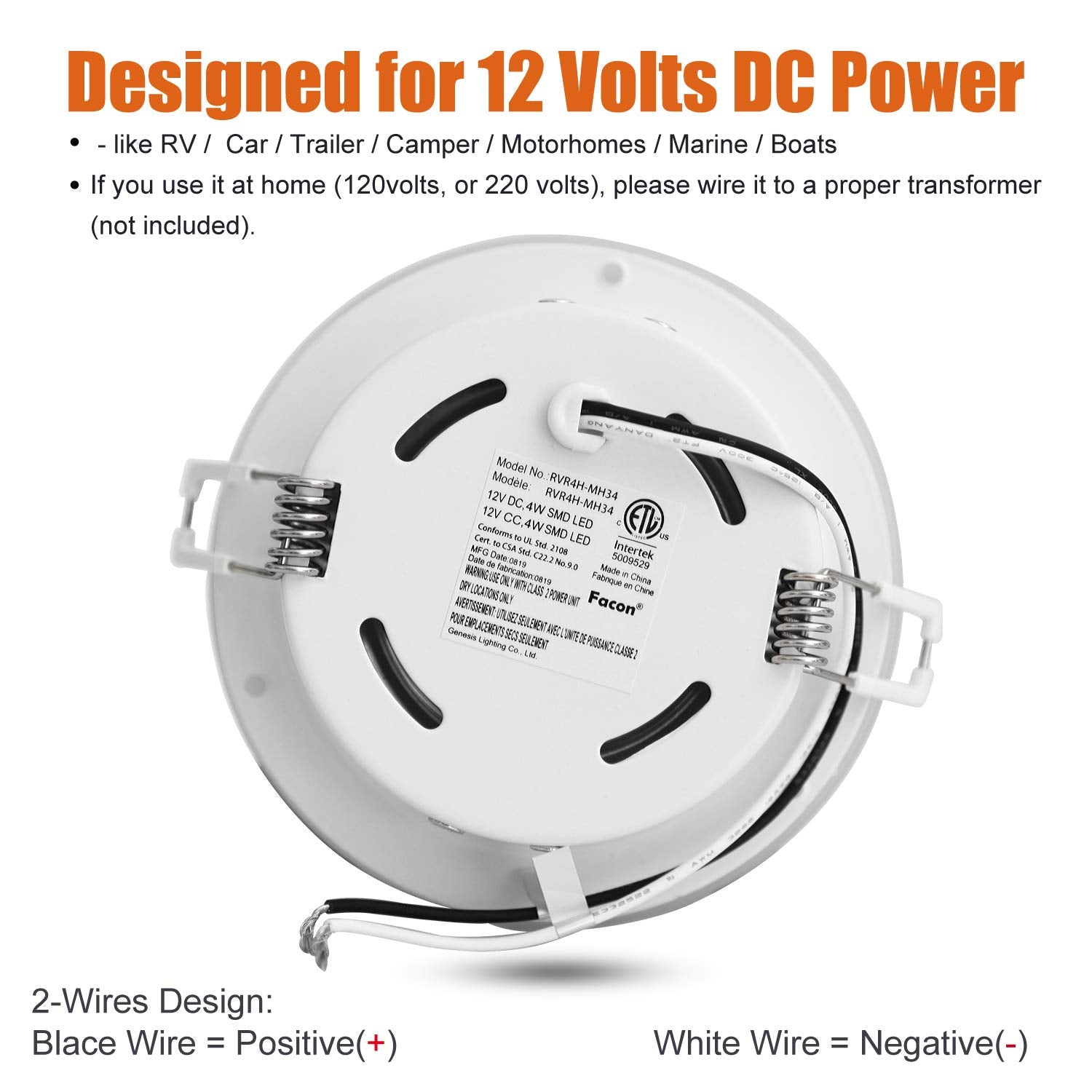Facon 4.5-Inch LED RV Puck Light, Aluminum Recessed Ceiling Light, 3400K Warm White, Model RVR4H-MH34-6PKS,