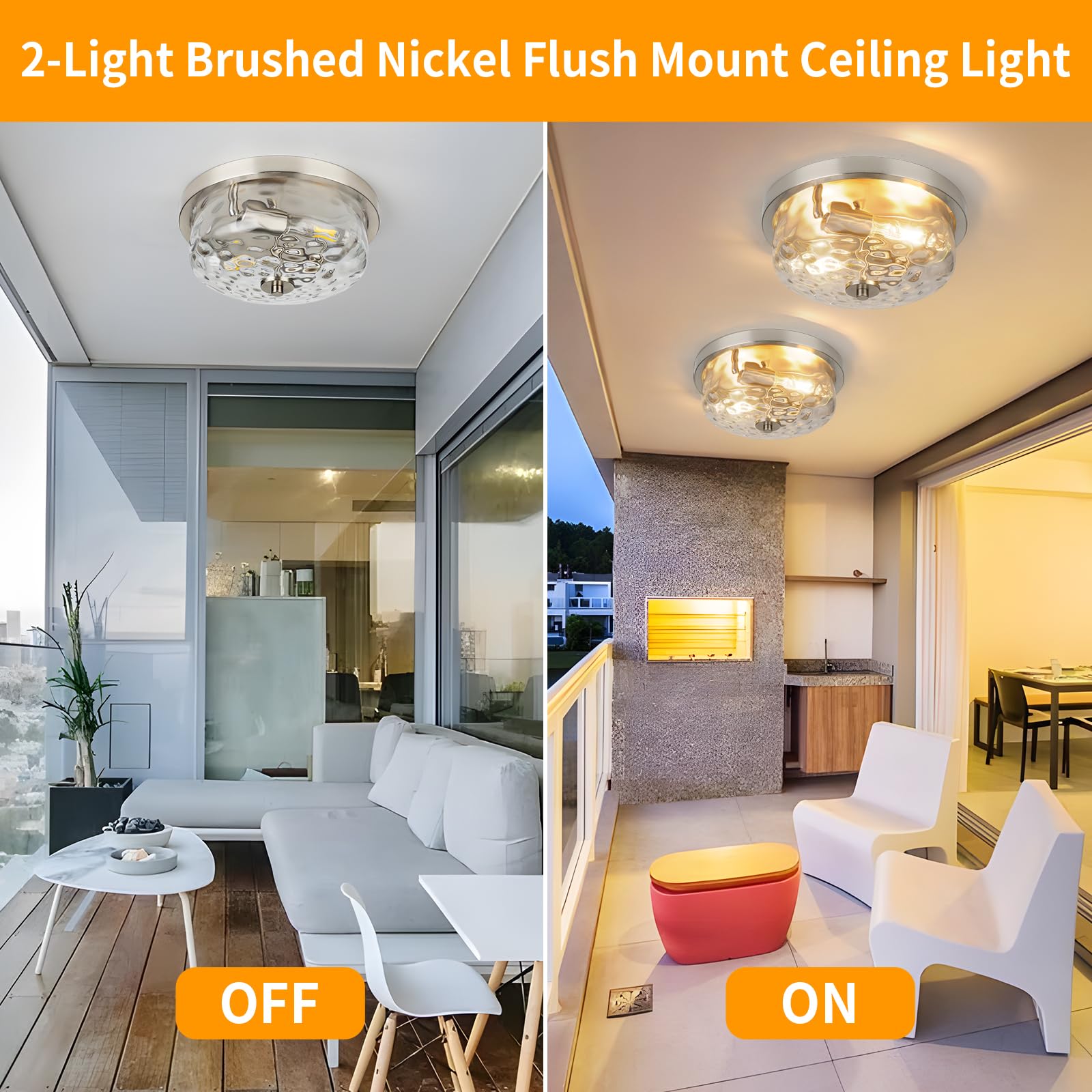 Foucasal Brushed Nickel Flush Mount Light, Kitchen Ceiling Fixture With Water Ripple Glass Shade, 2-Light Outdoor Porch Flush Mo