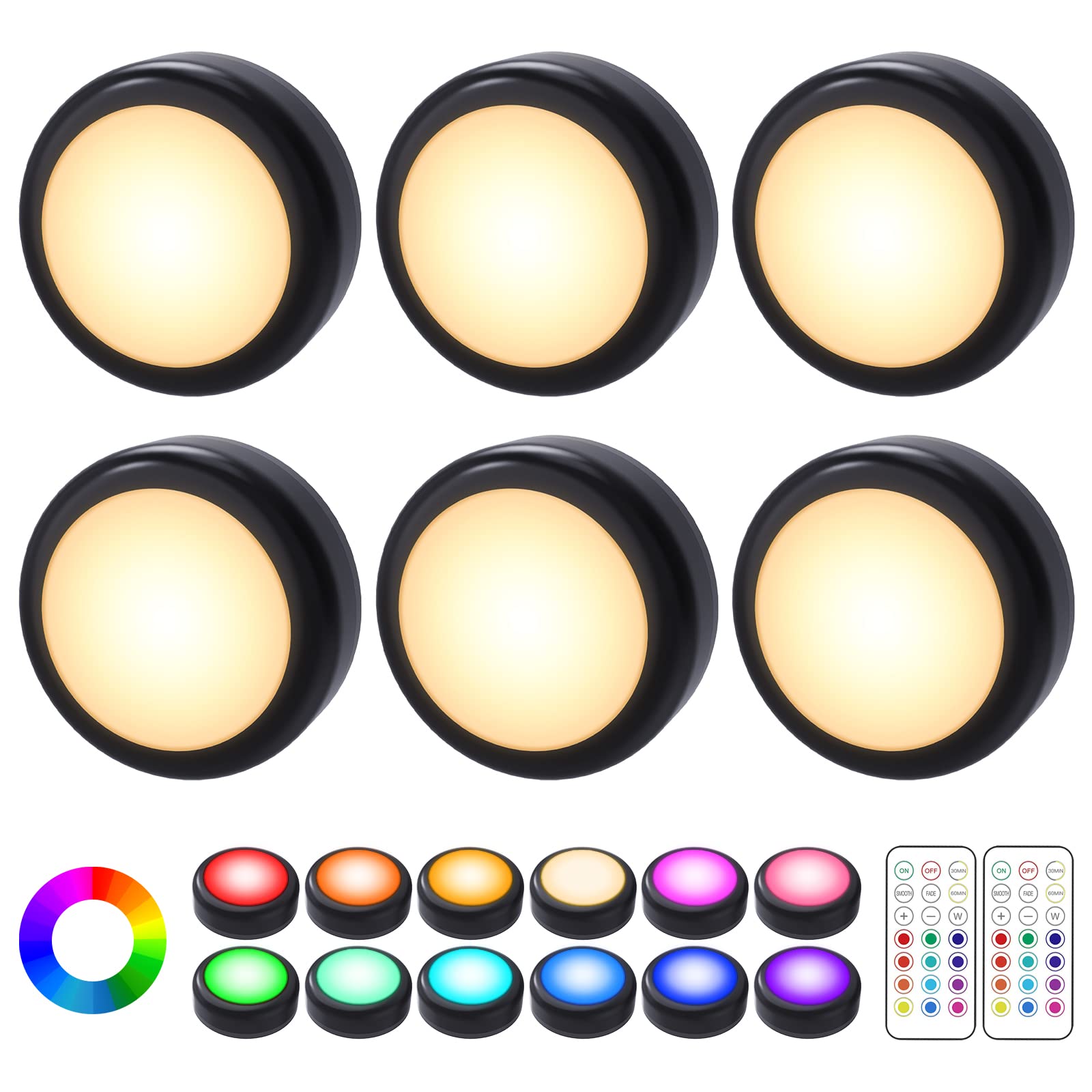Cadrim Puck Lights, 6 Pack 13 Colors Changeable LED Puck lightings Battery Powered Dimmable Under Cabinet Lights, Battery Powere