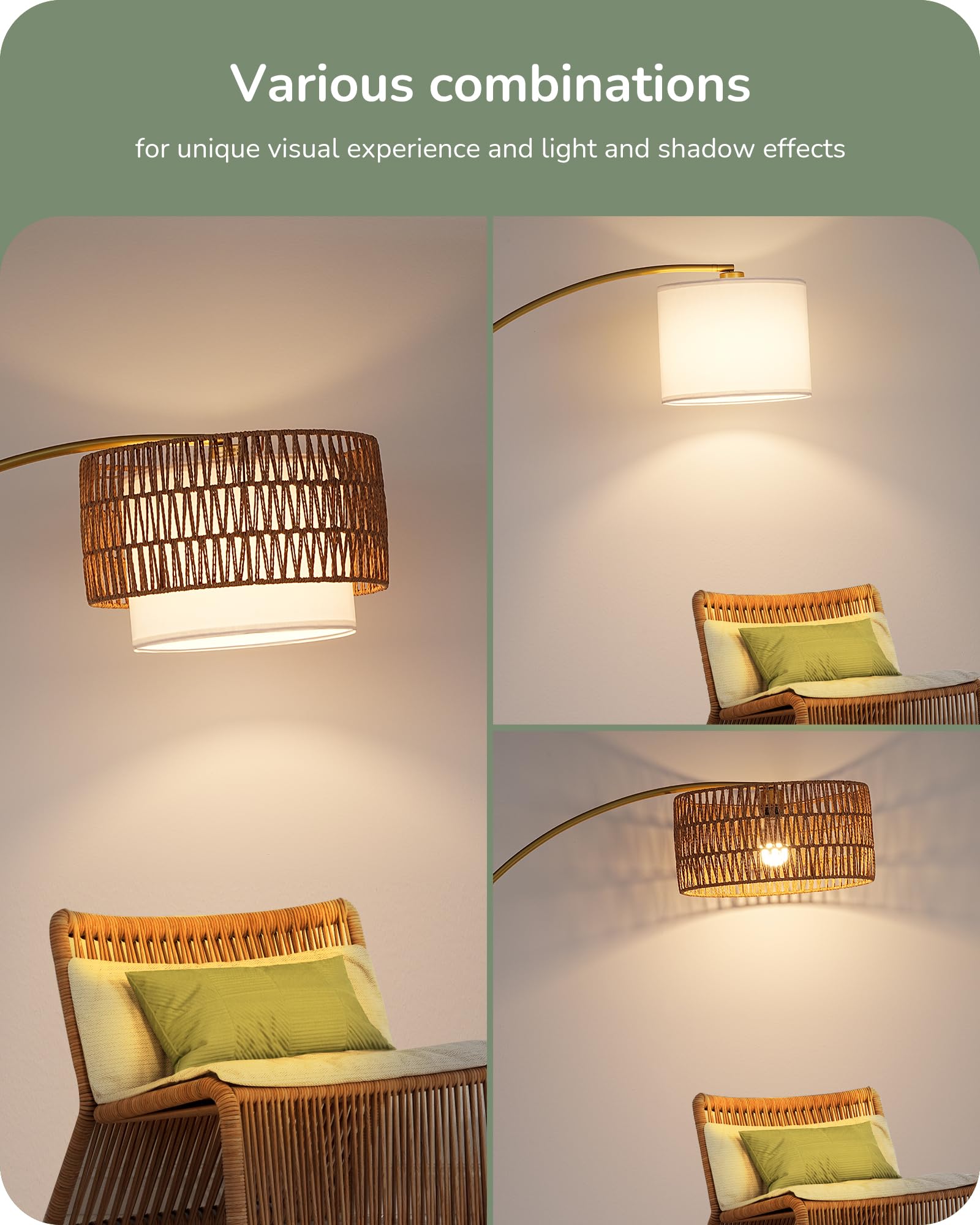 Edishine 76'' Gold Arched Floor Lamp With Remote, Boho Farmhouse Floor Lamp With Rattan & Fabric Shades, Tall Arc Standing Lamp