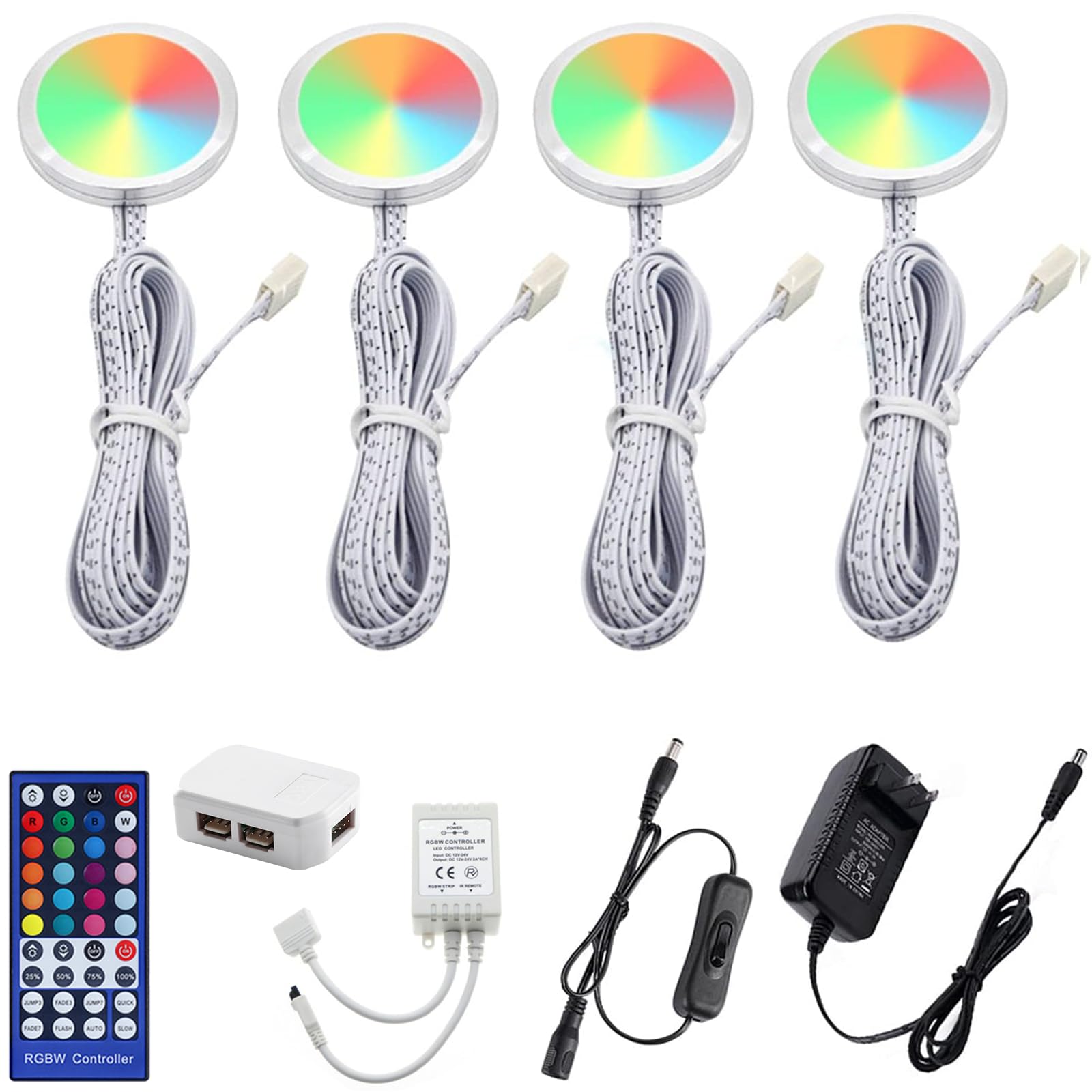 AIBOO RGBWW Color Changing LED Puck Lights Kit - 4 Lights, 12W, Remote Control, Under Cabinet Lighting