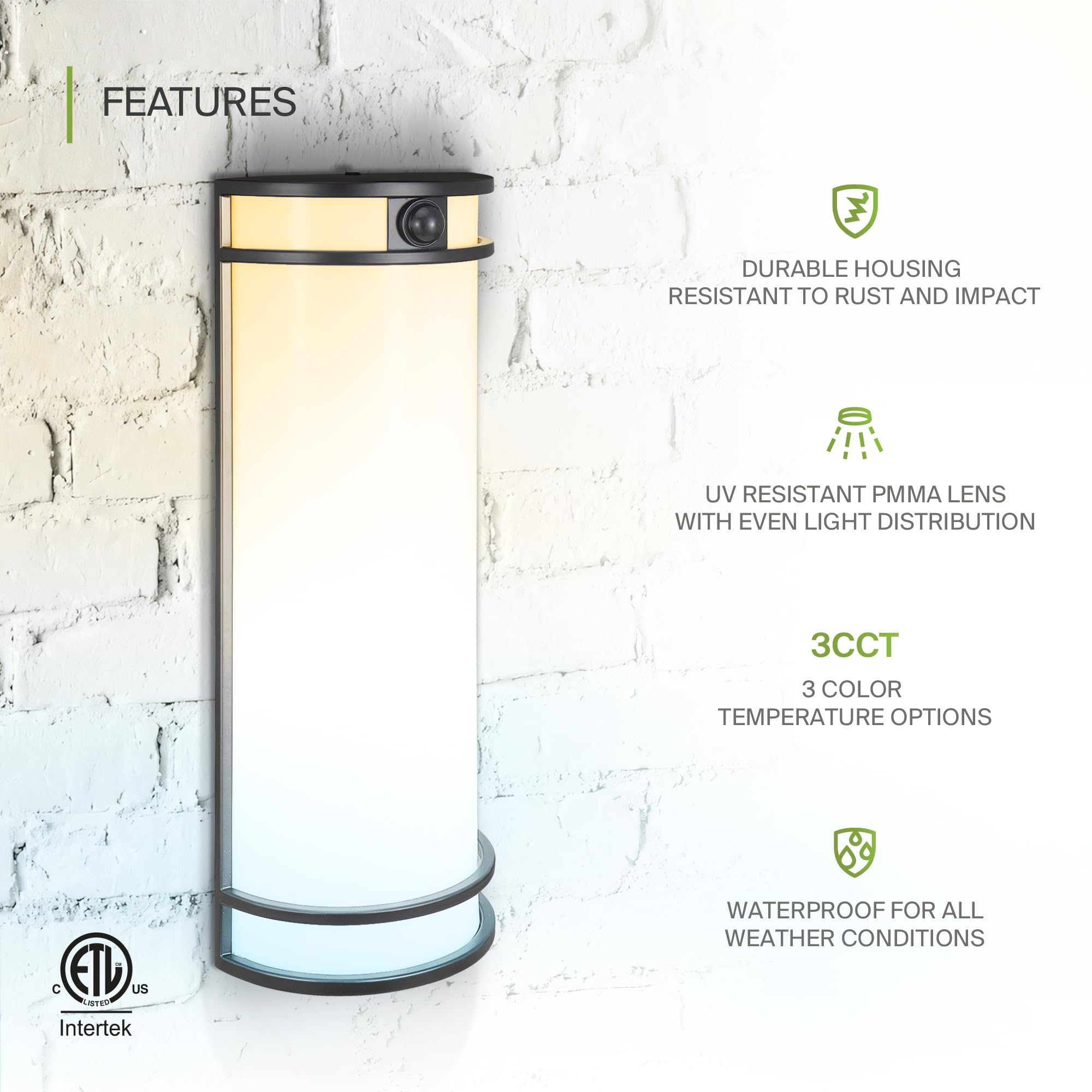 ASD 18 Inch LED Outdoor Wall Mount Light Fixture - Matte Black, Motion Sensor, 20W, Adjustable 3000K/4000K/5000K, ETL