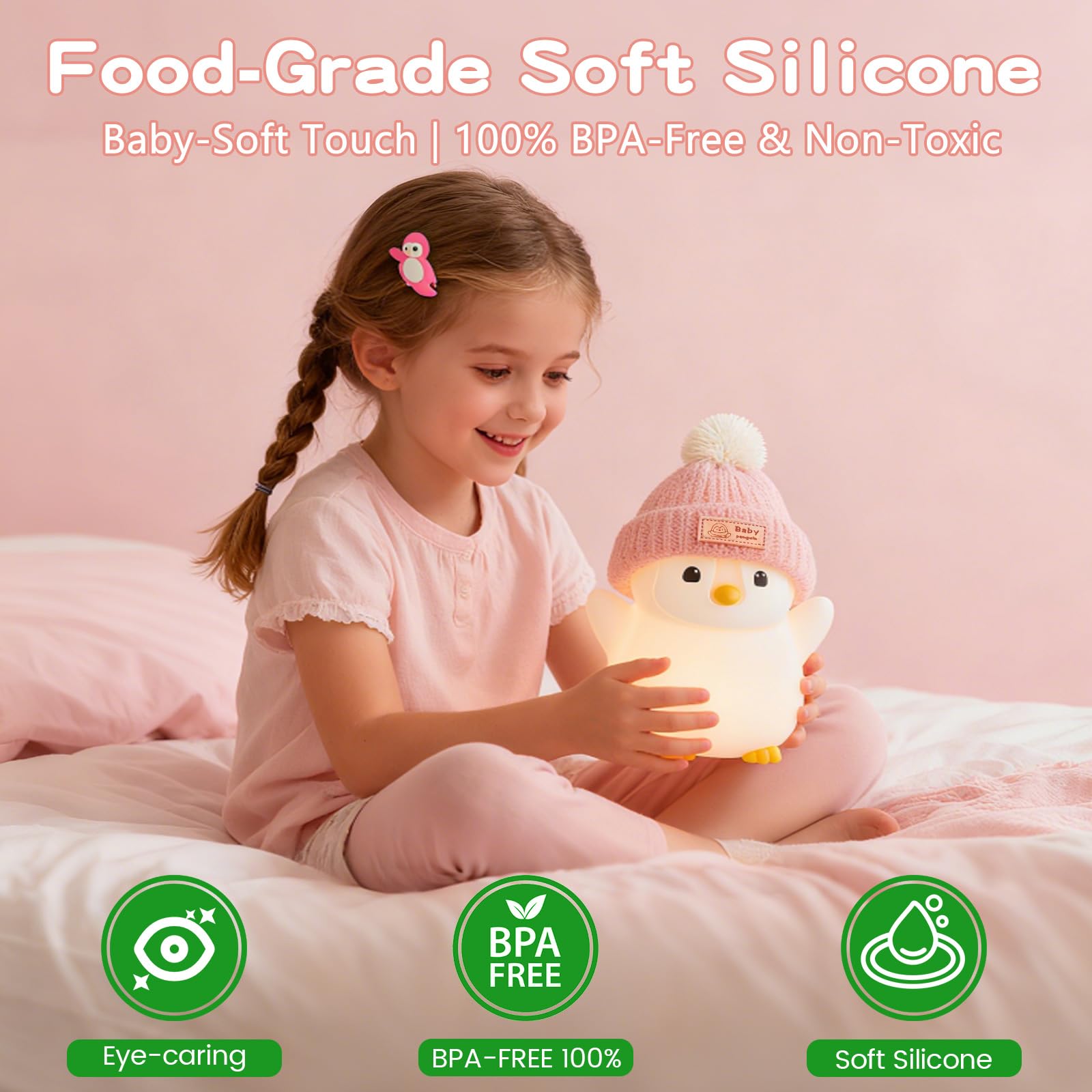 Famiduo Penguin Night Light  Cute Pink Penguin Lamp With Knit Hat  Soft Silicone Nursery Nightlight For Baby  Rechargeable/Dimmable/Timer Led Squishy Novelty Animal Bedside Lamp Funny Gifts For Kids